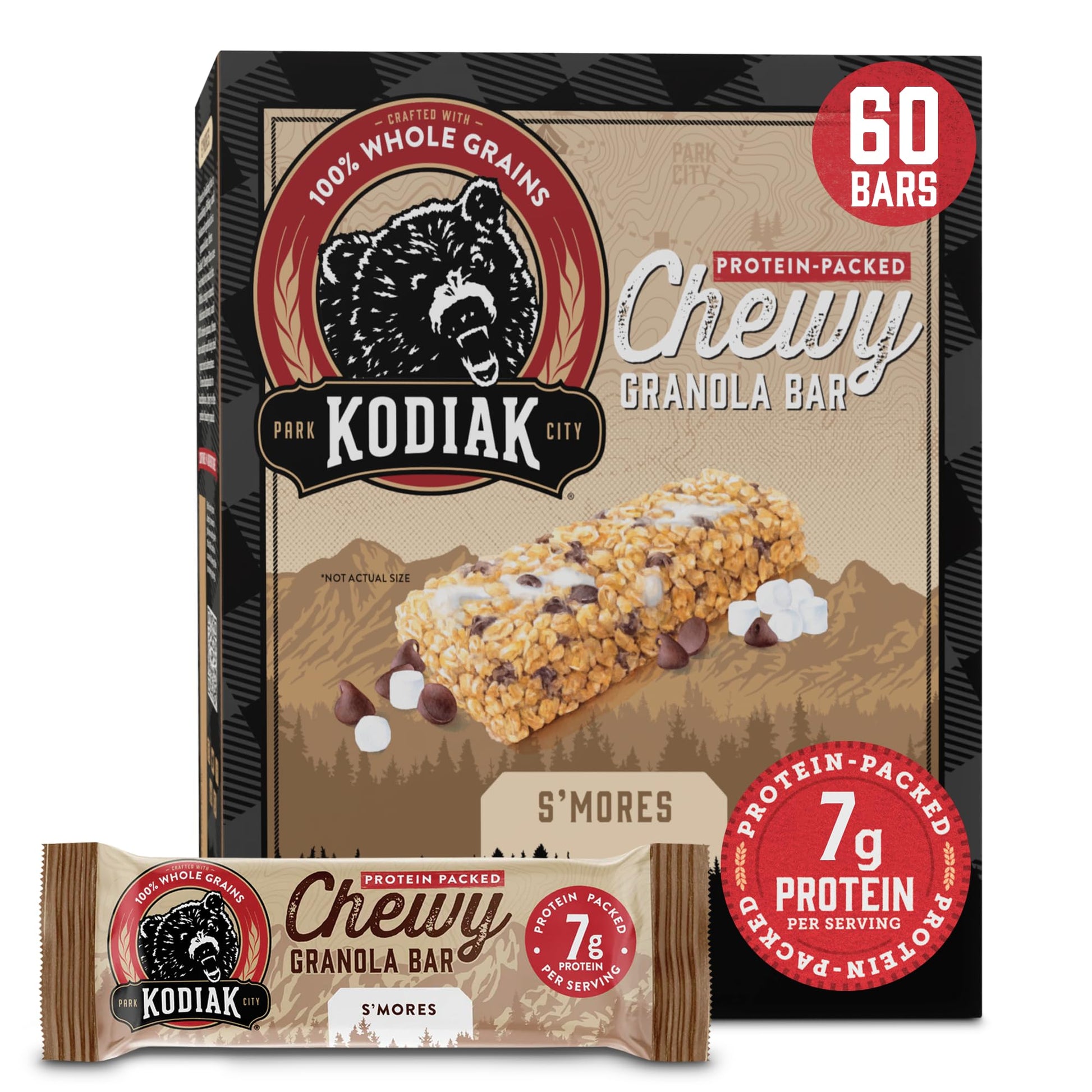 Kodiak Cakes Chewy Granola Snack Bars, S mores, High Protein, 100% Whole Grains, 12 boxes with 5 bars each (60 bars total)