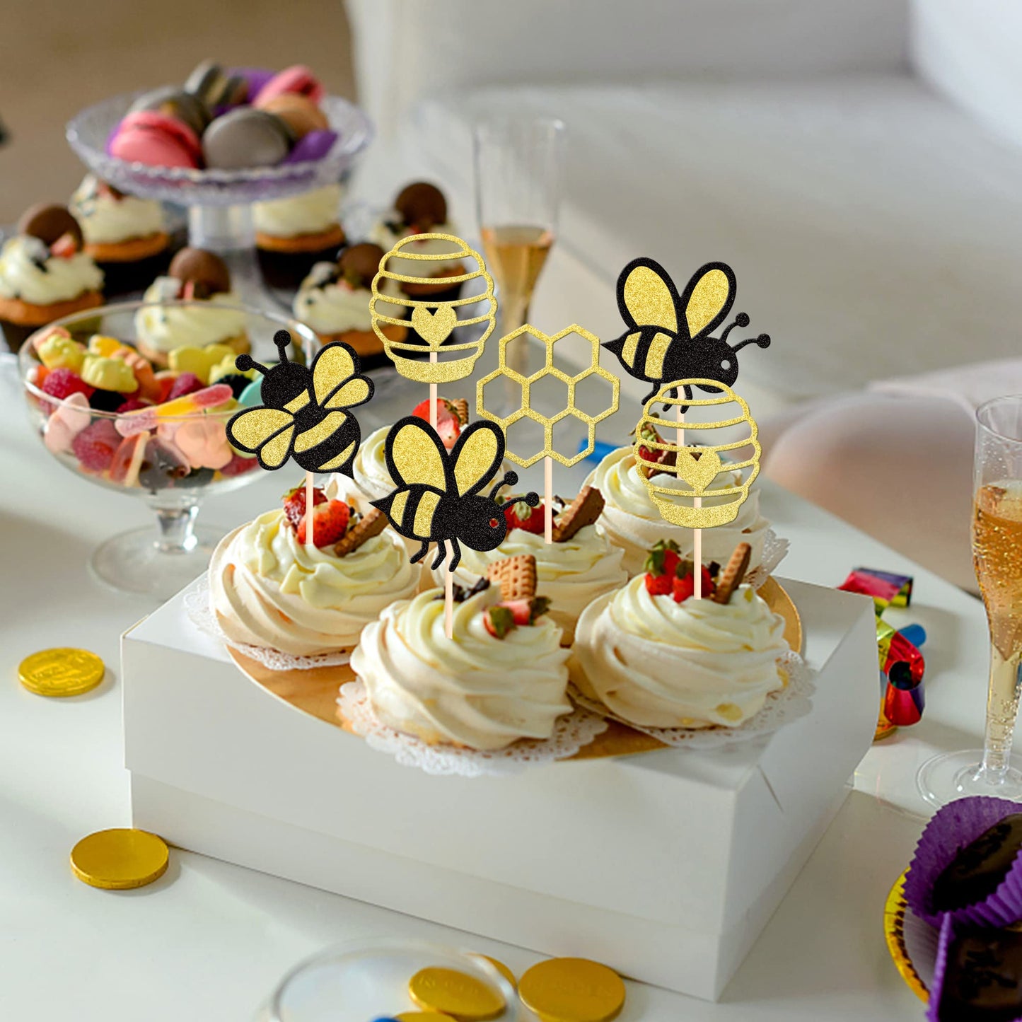 36 Pcs Bumble Bee Cupcake Toppers Glitter Heart Honeycomb Bee Cupcake Picks Baby Shower Cake Decorations For Bee Theme Baby Show