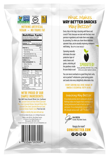 Way Better Snacks Sprouted Gluten Free Tortilla Chips, Sunny Multi Grain, 12 Count