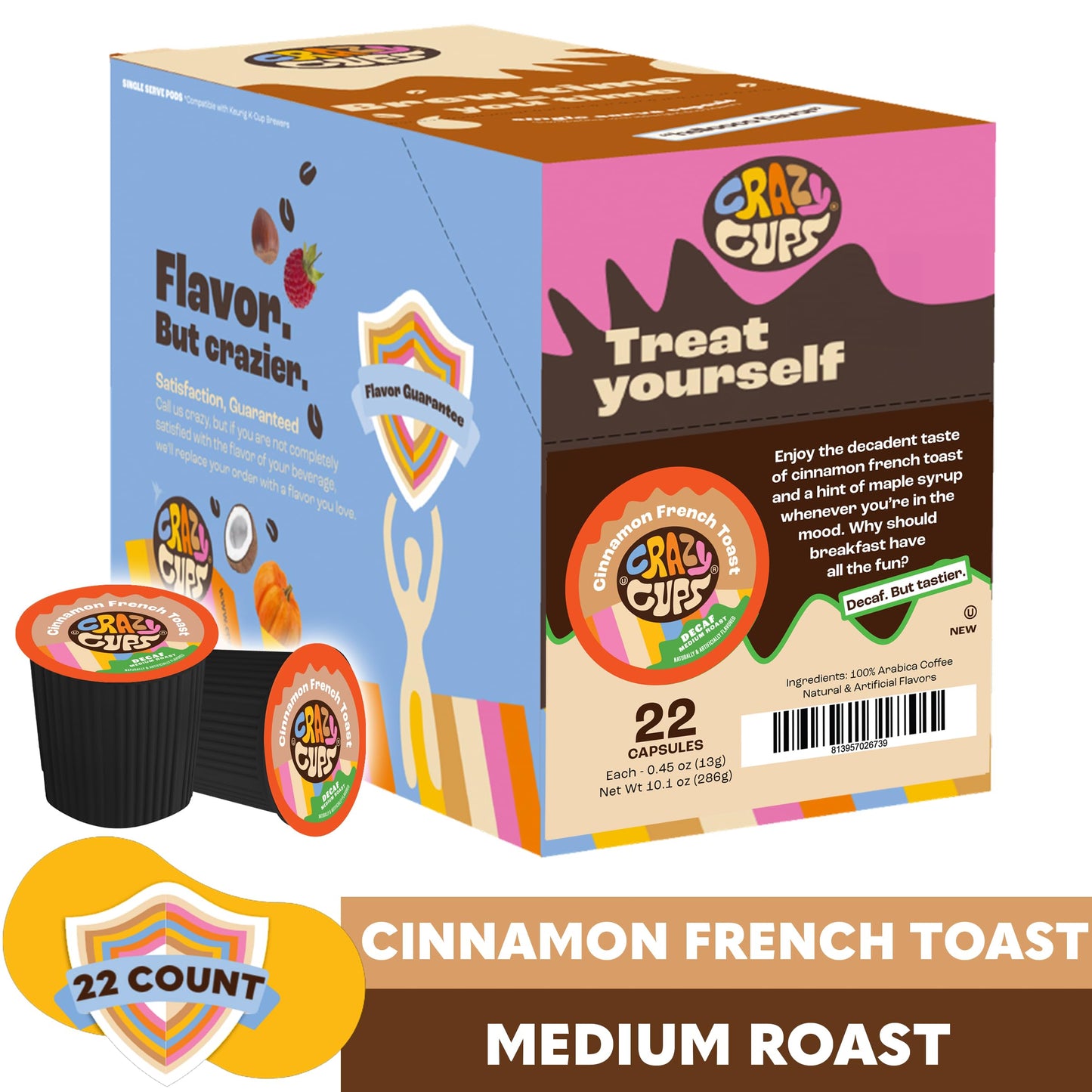 Crazy Cups Flavored Single-Serve Coffee For Keurig K-Cups Machines, Decaf Cinnamon French Toast, 22 Count