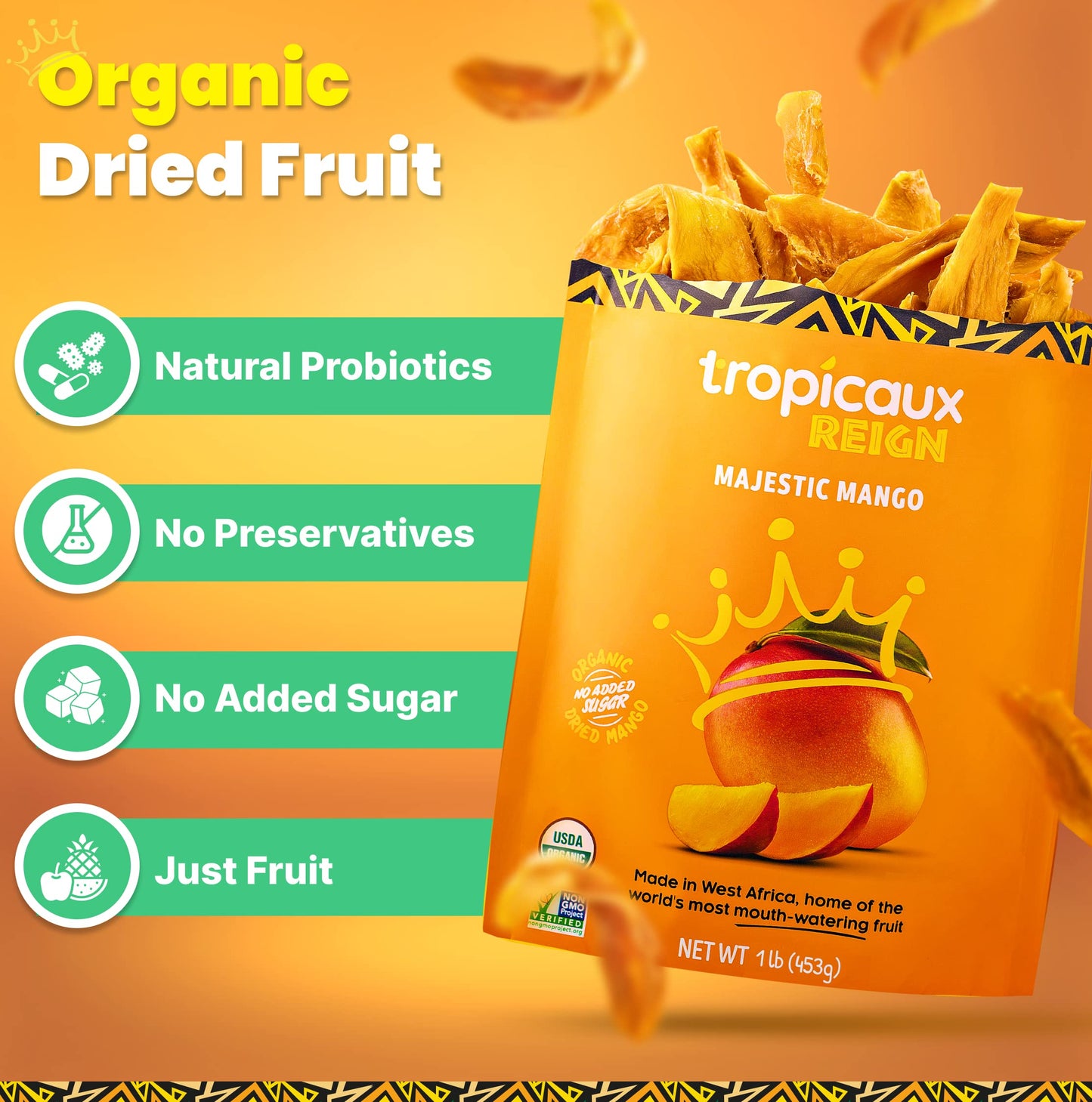 Organic Dried Mango Slices  No Sugar Added  16oz - All-Natural  Non-GMO  Mouth-Watering Dried Mangoes - Preservative-Free  Nutritious & Delicious Snack for Kids and mature-themeds by Tropicaux Reign