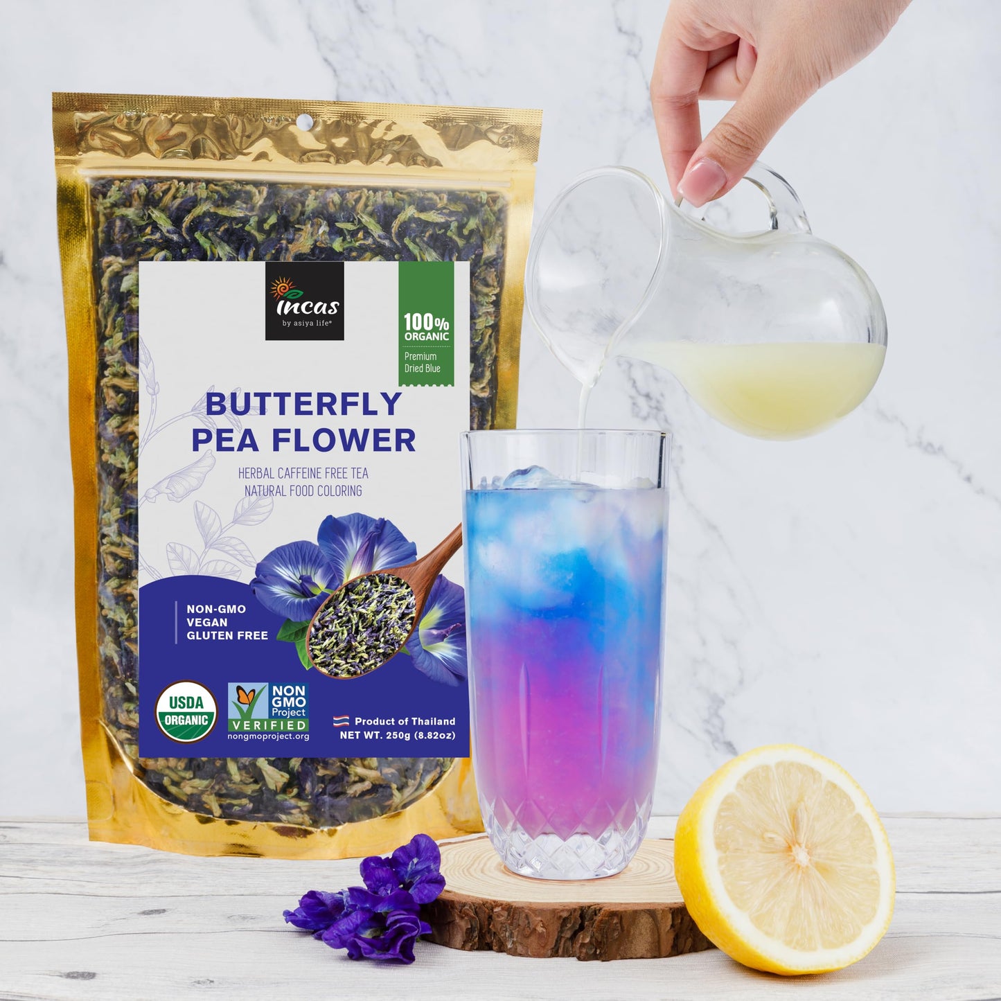 Incas by Asiya Life Butterfly Pea Flower 8.82 oz Non-GMO Vegan Gluten-Free Antioxidant-Rich Dried Tea