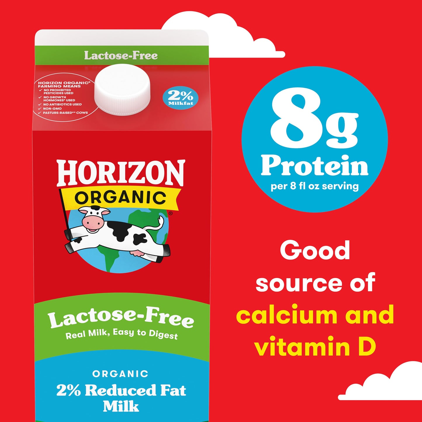 Horizon Organic Lactose Free Milk, 2 Percent Milk, 64 fl oz Half Gallon Carton