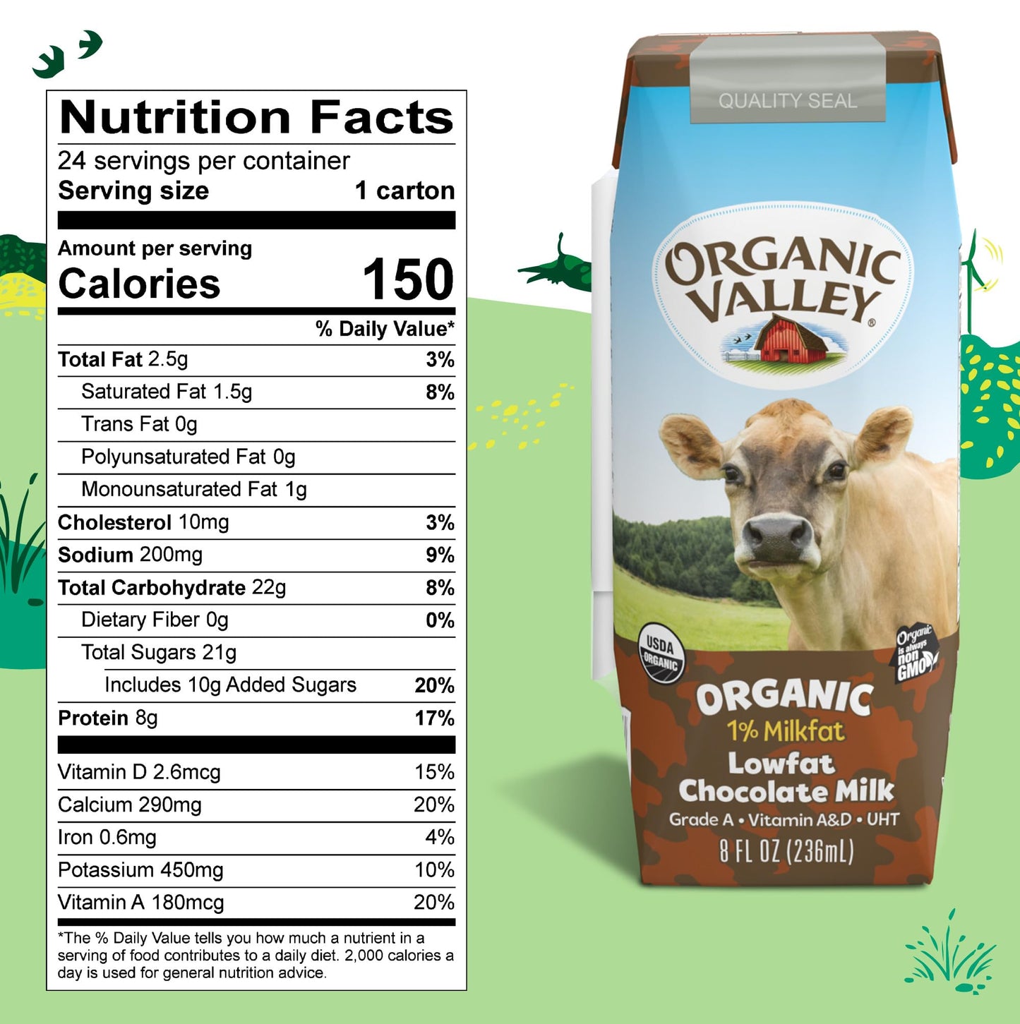 Organic Valley Organic Single Serve Chocolate Milk, 1% Low Fat, 8 Fl Oz (Pack of 24)