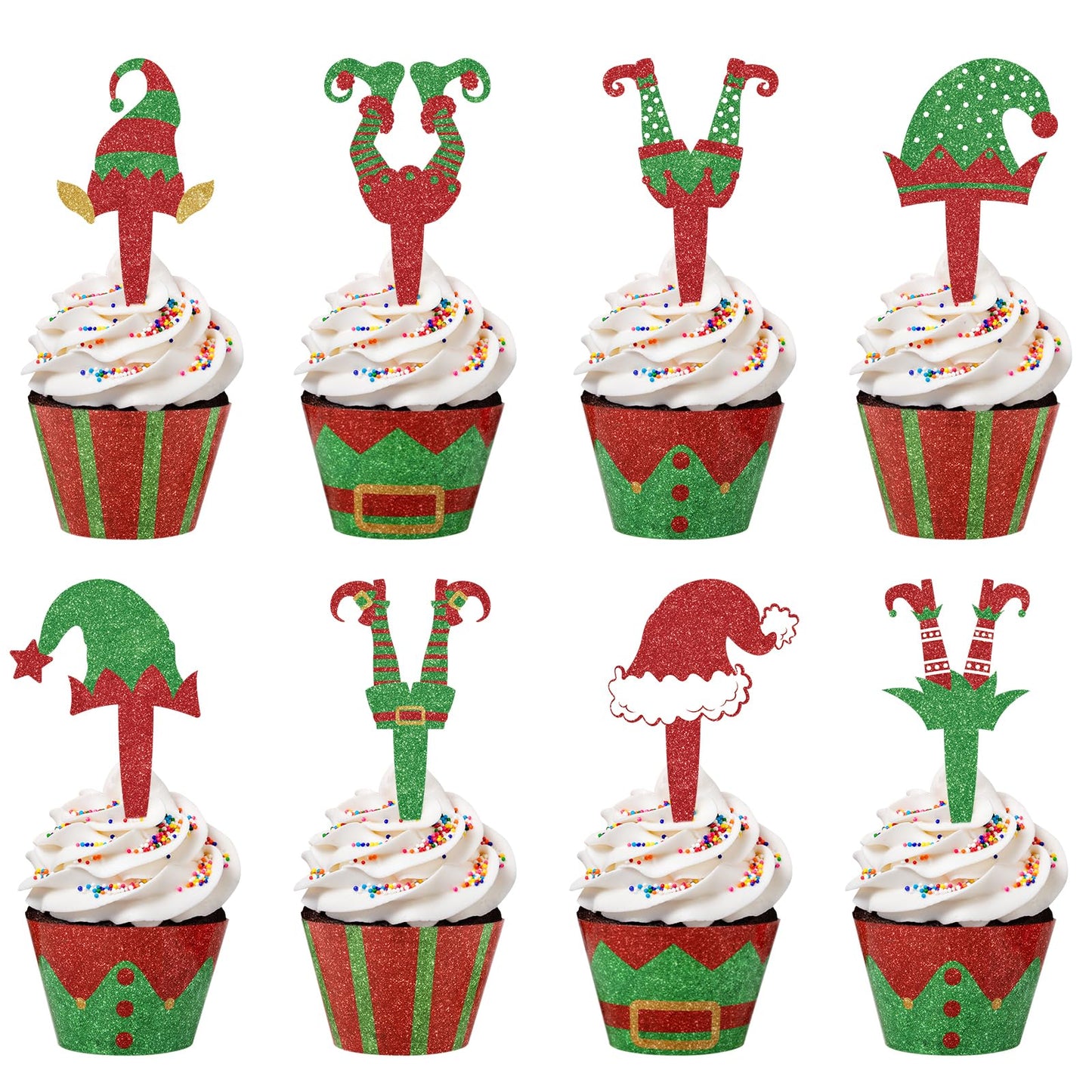 48 Pack Christmas Elf Cupcake Toppers And Wrappers  Glitter Merry Christmas Santa Hat Elf Legs Cake Decorations For Xmas Holiday Party Birthday Party Supplies