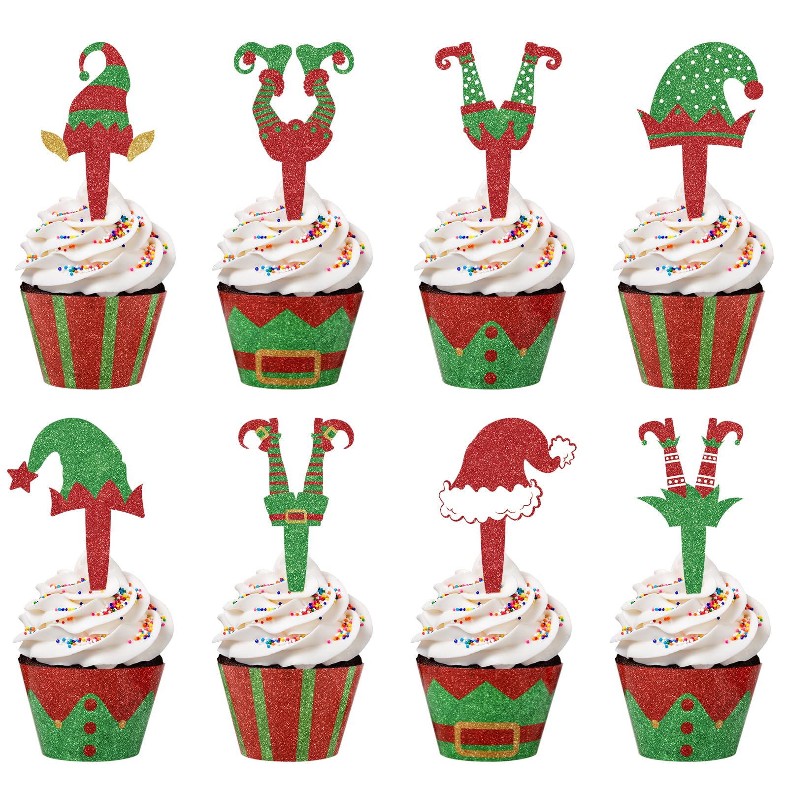 48 Pack Christmas Elf Cupcake Toppers And Wrappers  Glitter Merry Christmas Santa Hat Elf Legs Cake Decorations For Xmas Holiday Party Birthday Party Supplies