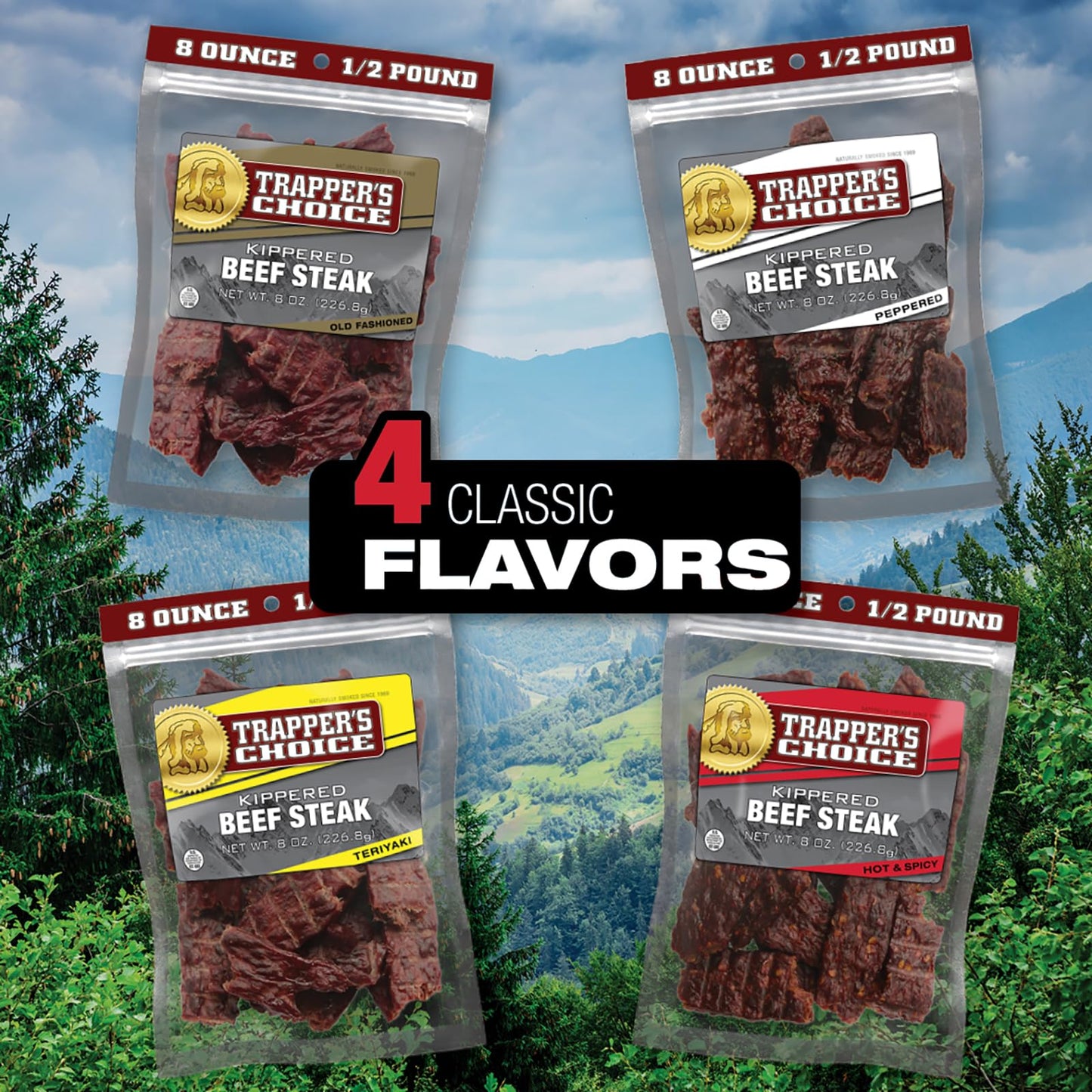 Old Trapper, Trapper'S Choice Hot & Spicy Kippered Beef Steak, Eight-Ounce Individual Package, 10 Grams Of Protein And 70 Calori