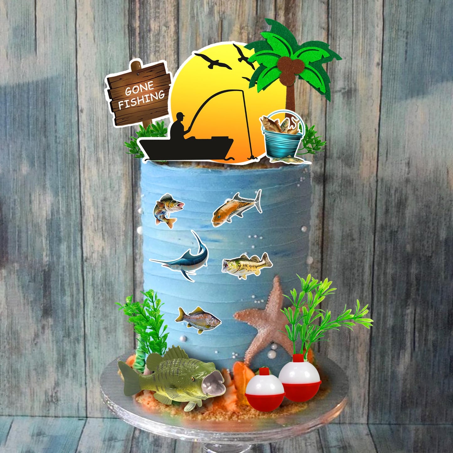 DRWATE 17 PCS Gone Fishing Cake Topper Set, Fisherman Themed Birthday Decorations, Paper, Model GCMGG10007
