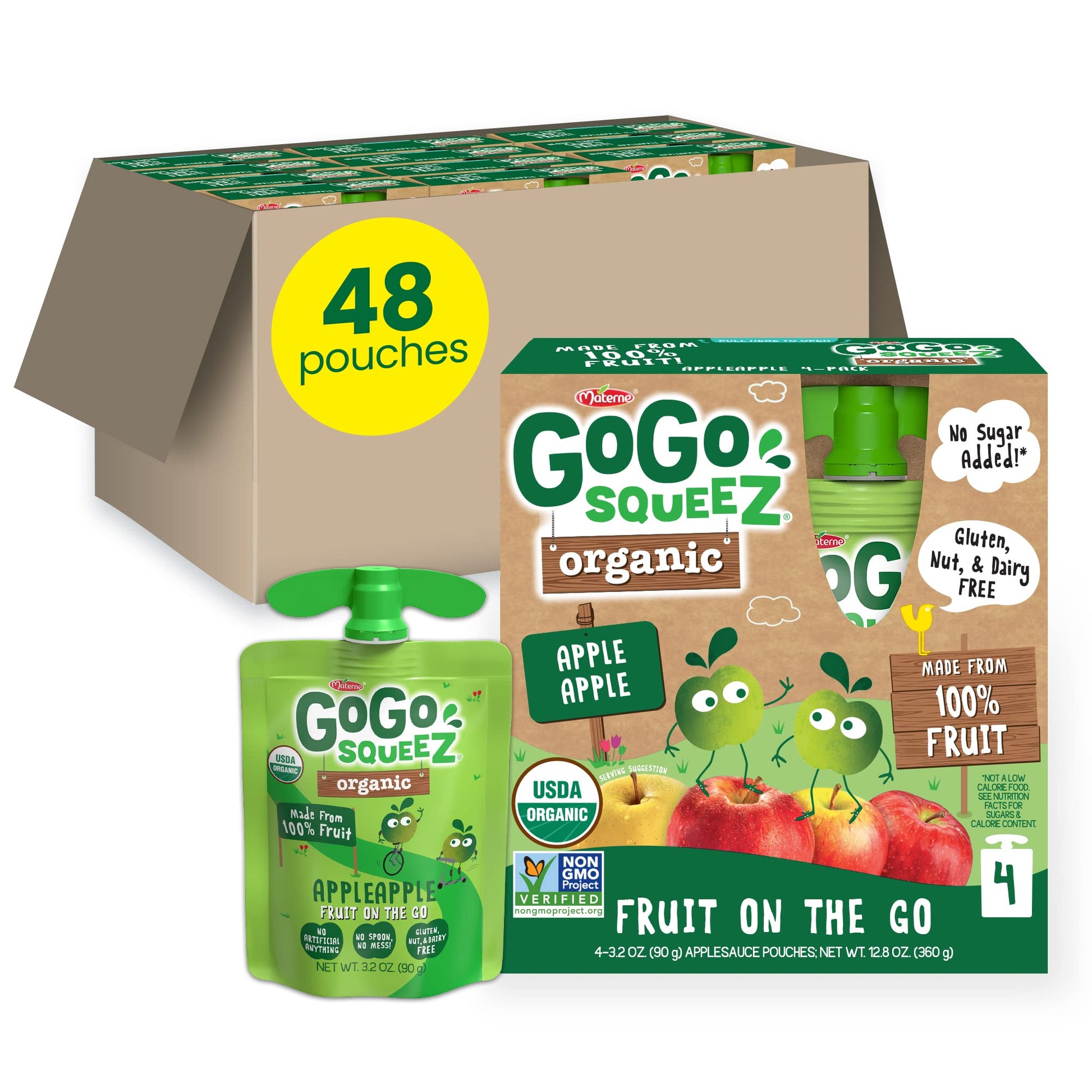 Gogo Squeez Fruit On The Go Organic, Apple Apple, 3.2 Oz (Pack Of 48), Unsweetened Organic Fruit Snacks For Kids, Gluten Free, N