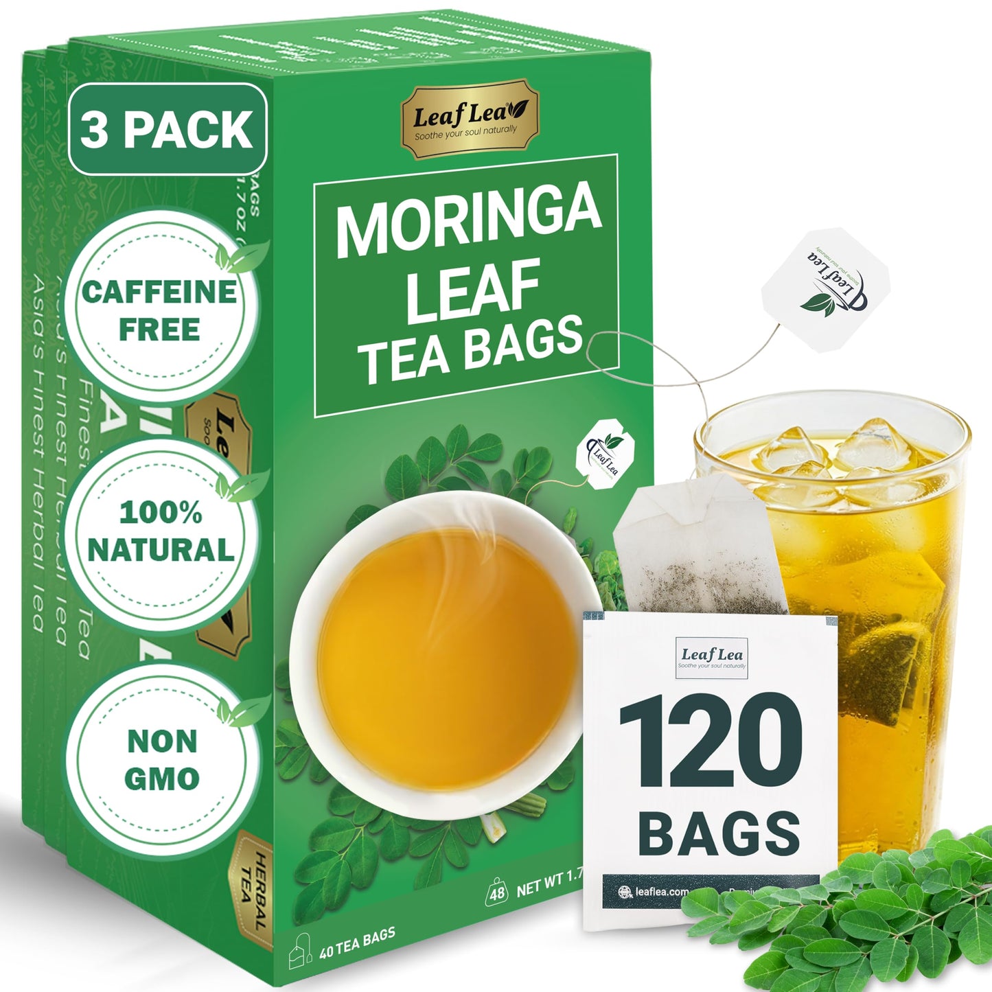 LeafLea Moringa Tea Bags - Premium Herbal Blend, Caffeine-Free, Sugar-Free, Vegan, Non-GMO, 120 Bags (Pack of 3)
