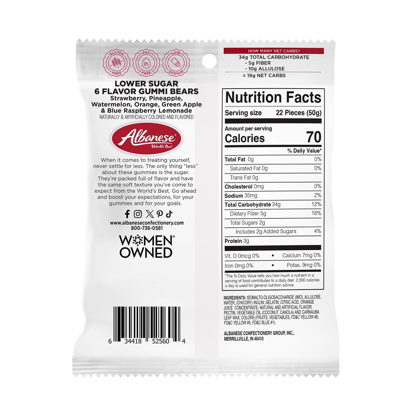 Albanese World s Best Lower Sugar, Gluten Free Gummi Bears, 1.76oz Bag (Pack of 12), Individually Wrapped Soft & Chewy Candy Sn