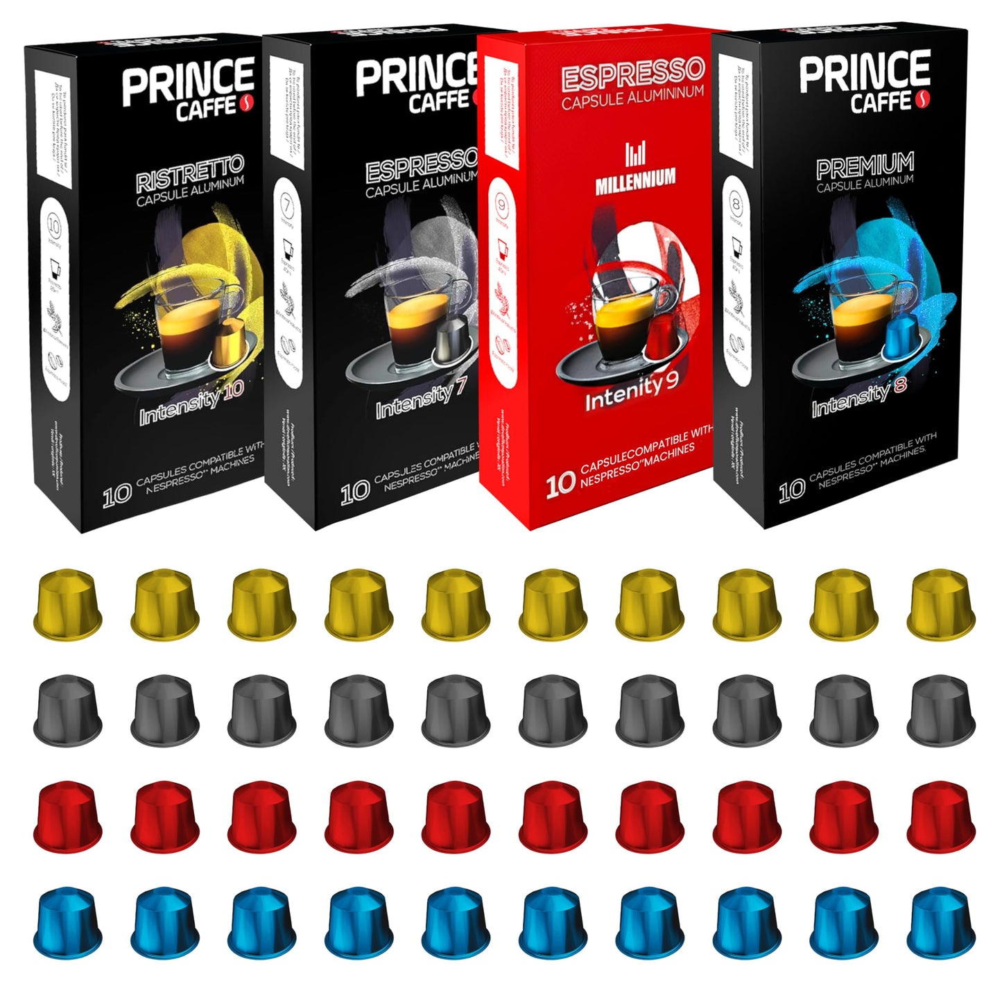 Prince Caffe Espresso Pods Variety Pack Compatible with Nespresso Original Line Machines - Espresso  Ristretto  Millennium & enhanced - Intensity 7 8 9 10  40 Count (4 x 10 Capsules)