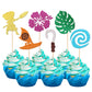 24 PCS Moana Inspired Cupcake Toppers Assembled Glitter Palm Leaf Flower Moana Cupcake Picks for Tropical Hawaiian Luau Theme Ba