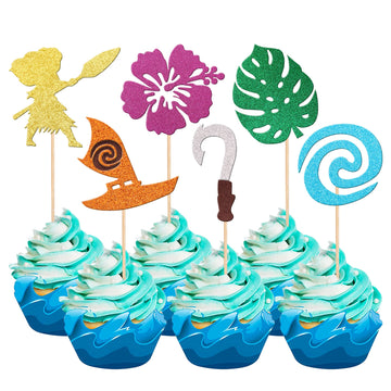 24 PCS Moana Inspired Cupcake Toppers Assembled Glitter Palm Leaf Flower Moana Cupcake Picks for Tropical Hawaiian Luau Theme Ba