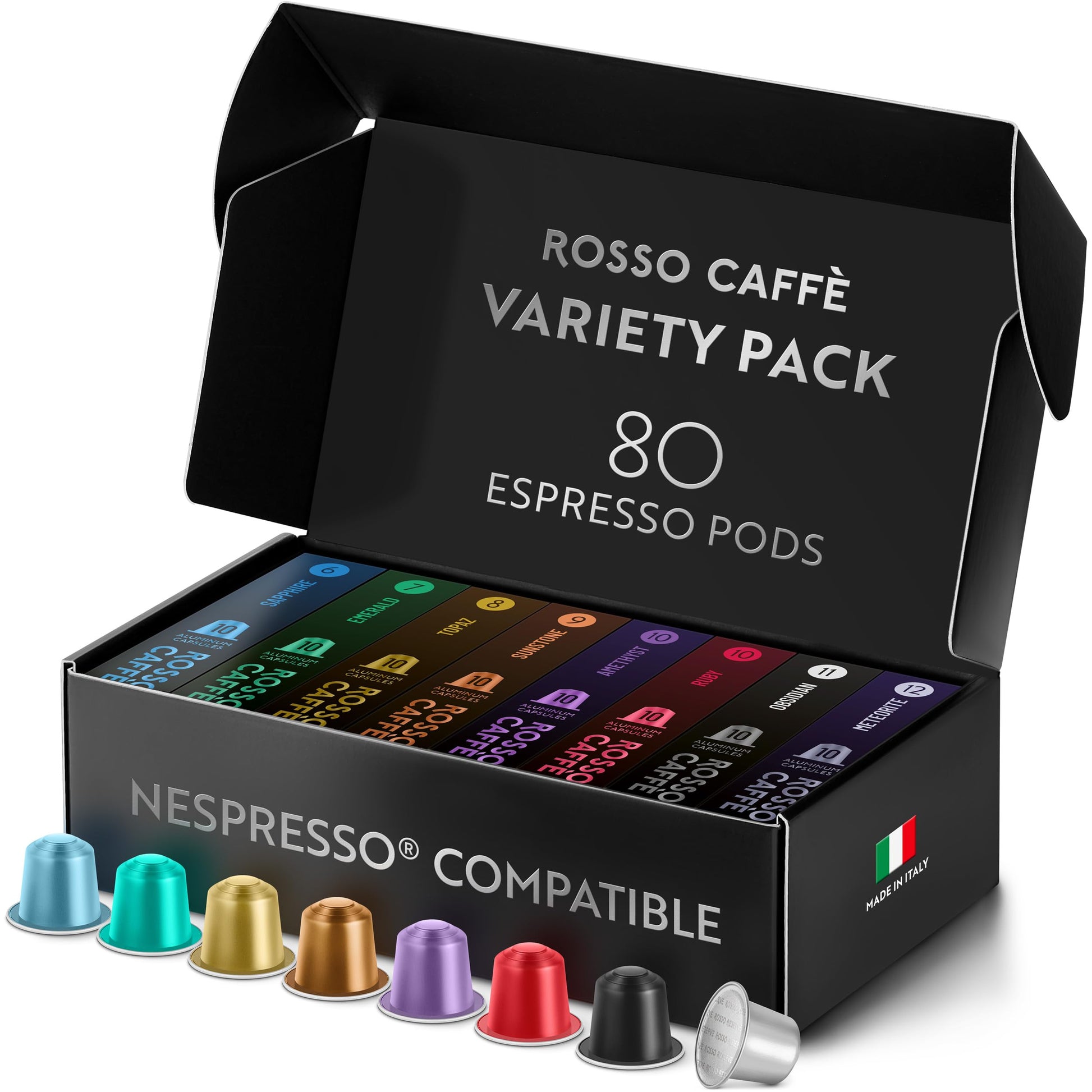 ROSSO CAFFÈ Espresso Coffee Pods - Variety Pack of 80 Capsules, 8 Flavors, Medium to Dark Roast, Compatible with Nespresso Original Machines