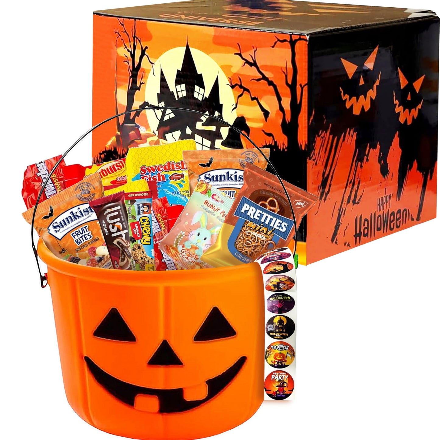 Halloween Assorted Pumpkin Bucket (44 Count) Filled with Candies  Snacks  Cookies and more   for Family  Friends  Kids  Boys and Girls