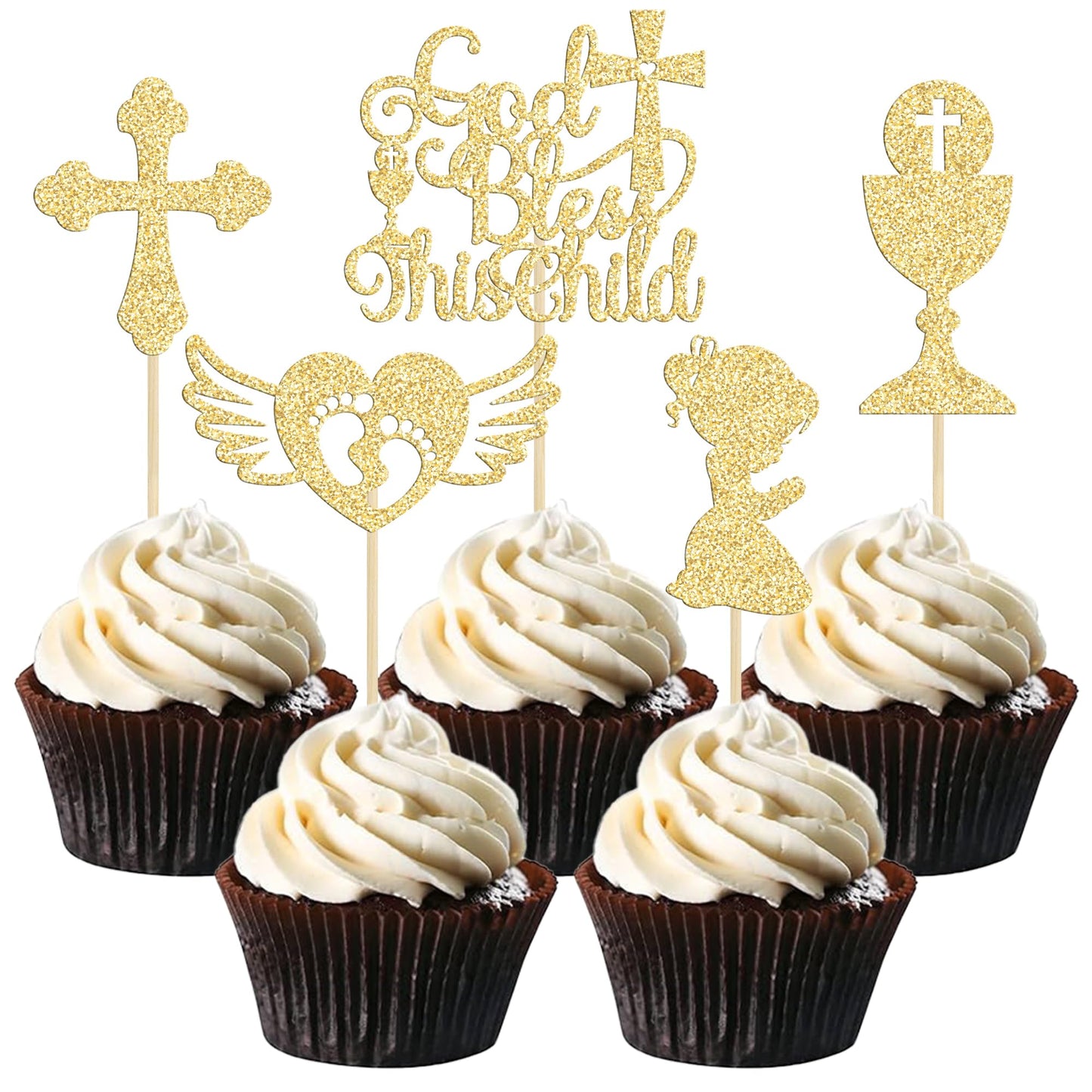 Gyufise 30Pcs Gold Glitter God Bless This Child Cupcake Toppers Cross And Angel Feet Girls Baptism Cupcake Picks Baby Shower Bir