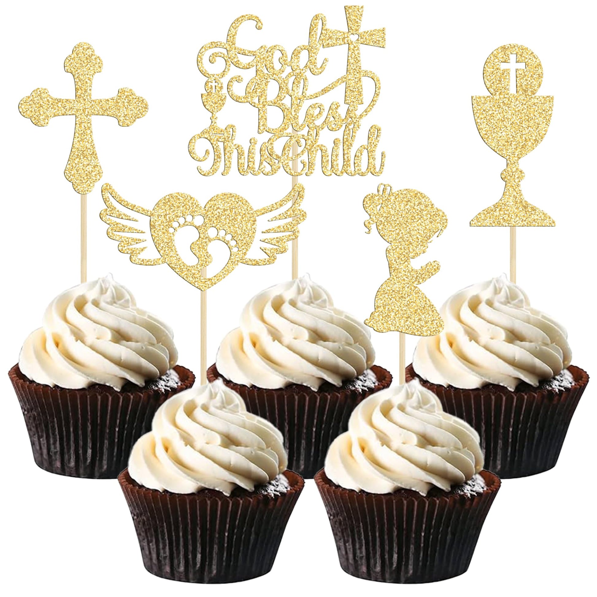 Gyufise 30Pcs Gold Glitter God Bless This Child Cupcake Toppers Cross And Angel Feet Girls Baptism Cupcake Picks Baby Shower Bir