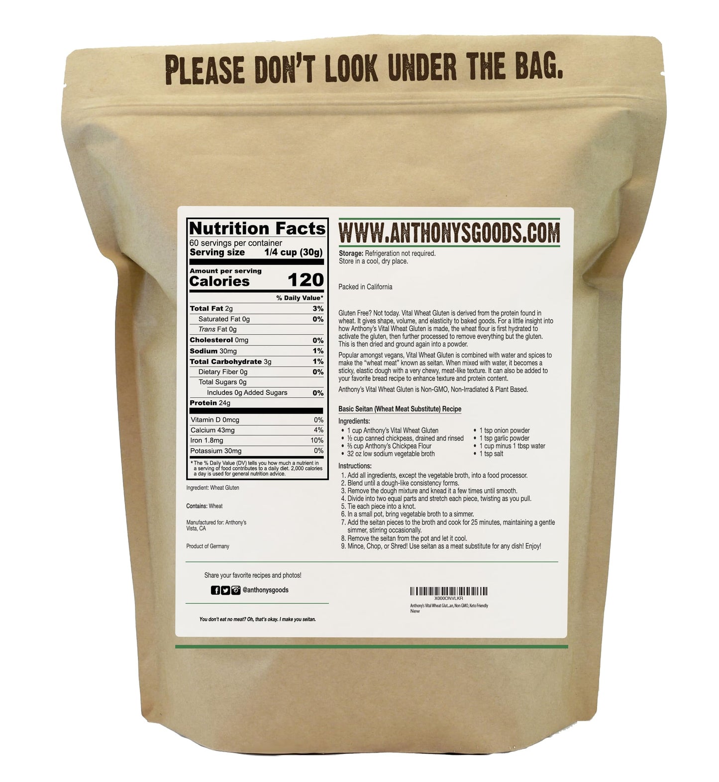 Anthony's Vital Wheat Gluten, Vegan, Non-GMO, Keto Friendly, 4 lb (64 oz)