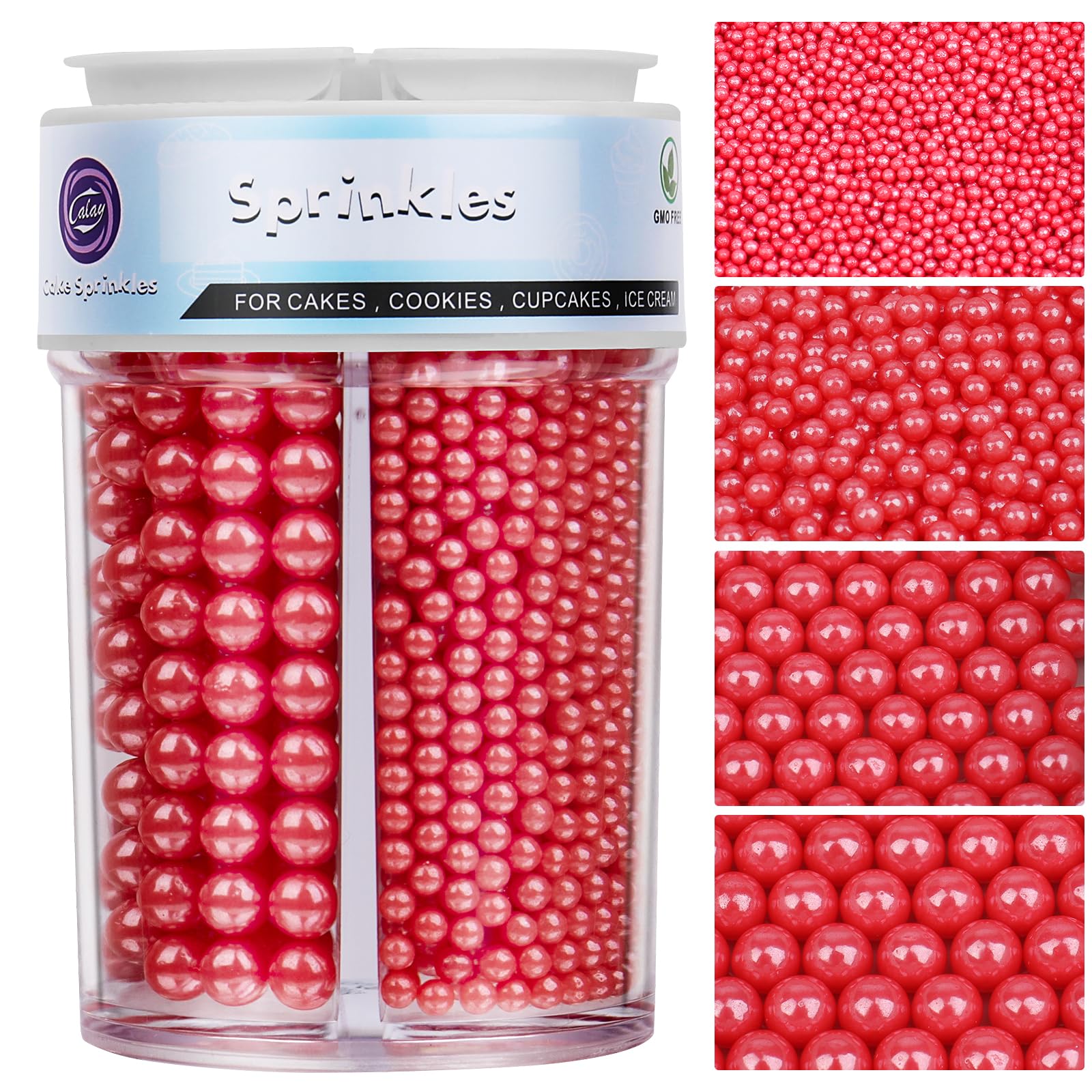 Sprinkles for Cake Decorating, Red Pearl Sprinkles 4 Sizes Mix for Cake Cupcake Cookie Baking Donuts Ice Cream Toppings