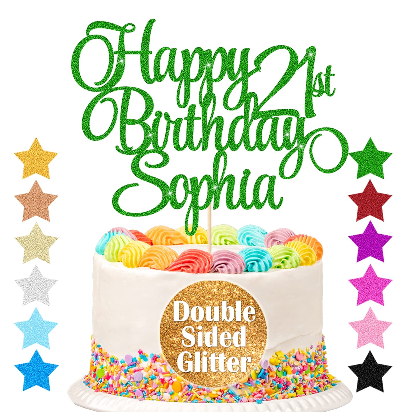 EDSG Personalized Birthday Cake Topper, Double-Sided Glitter, Any Age & Name, Green