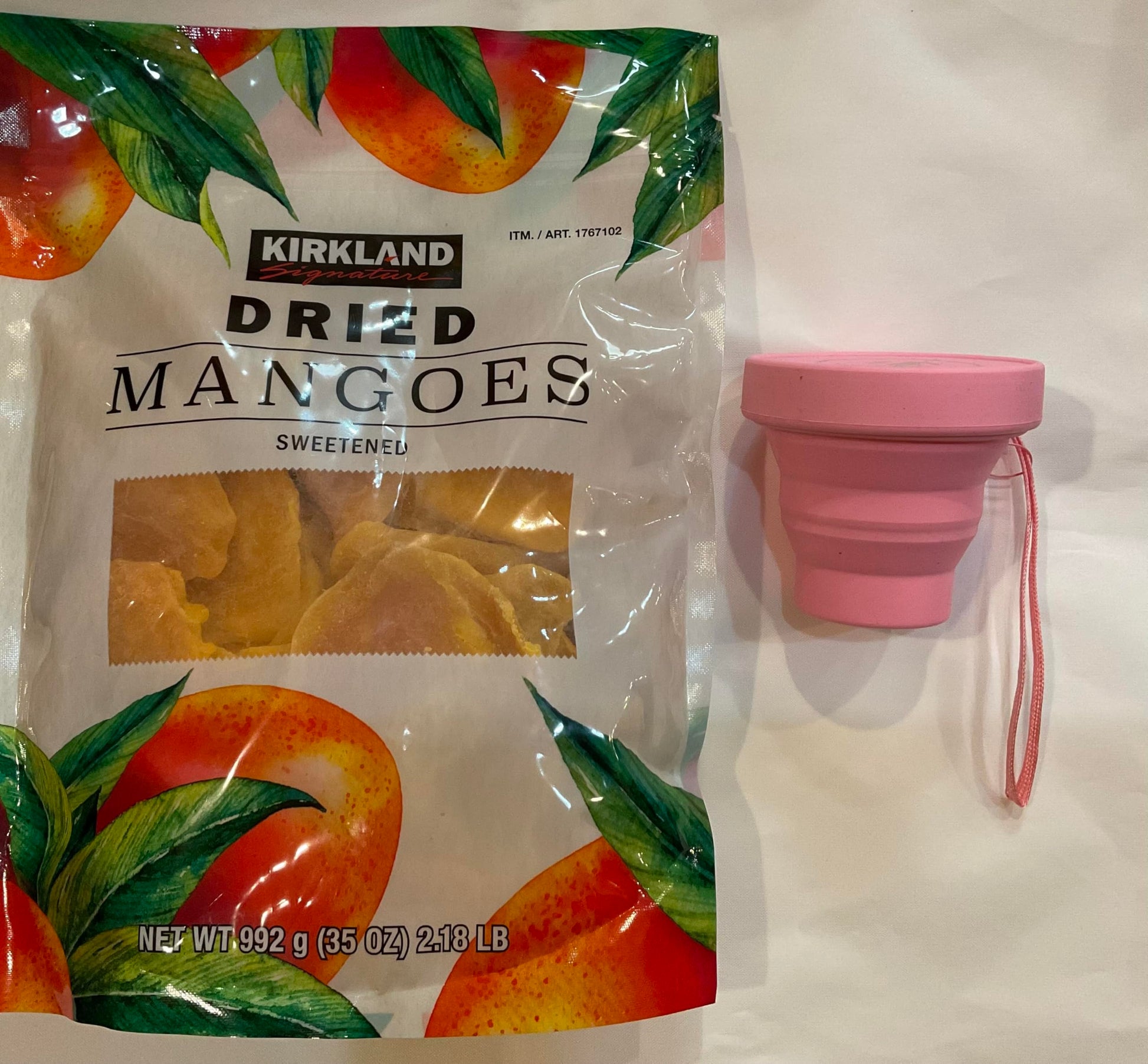 Kirkland Signature Dried Mangoes Sweetened Net Wt 2.18 Lb And Foldable Cup Bundles