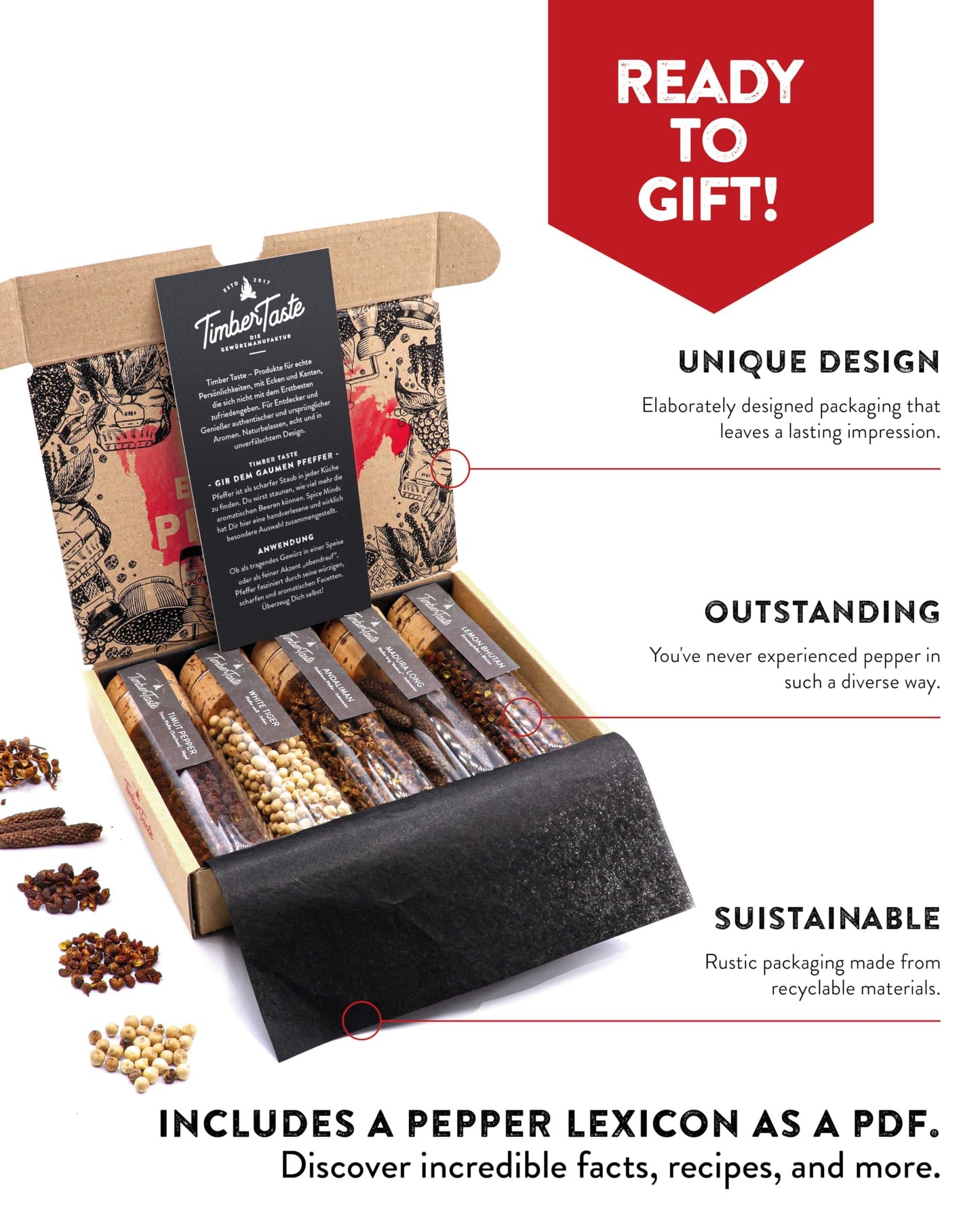 Pepper Gift Set – 5 Exotic Spices World S – Mens Stocking Stuffers For Men, Gift Sets For Dad, Gourmet Food Christmas Box For Him, Present Basket - Timber Taste®