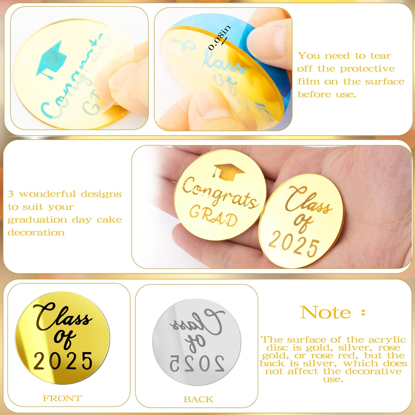 48 Pcs 2025 Graduation Acrylic Cupcake Toppers Mirror Acrylic Disc Cupcake Toppers For Graduation Cake Decorations,3 Styles Gold