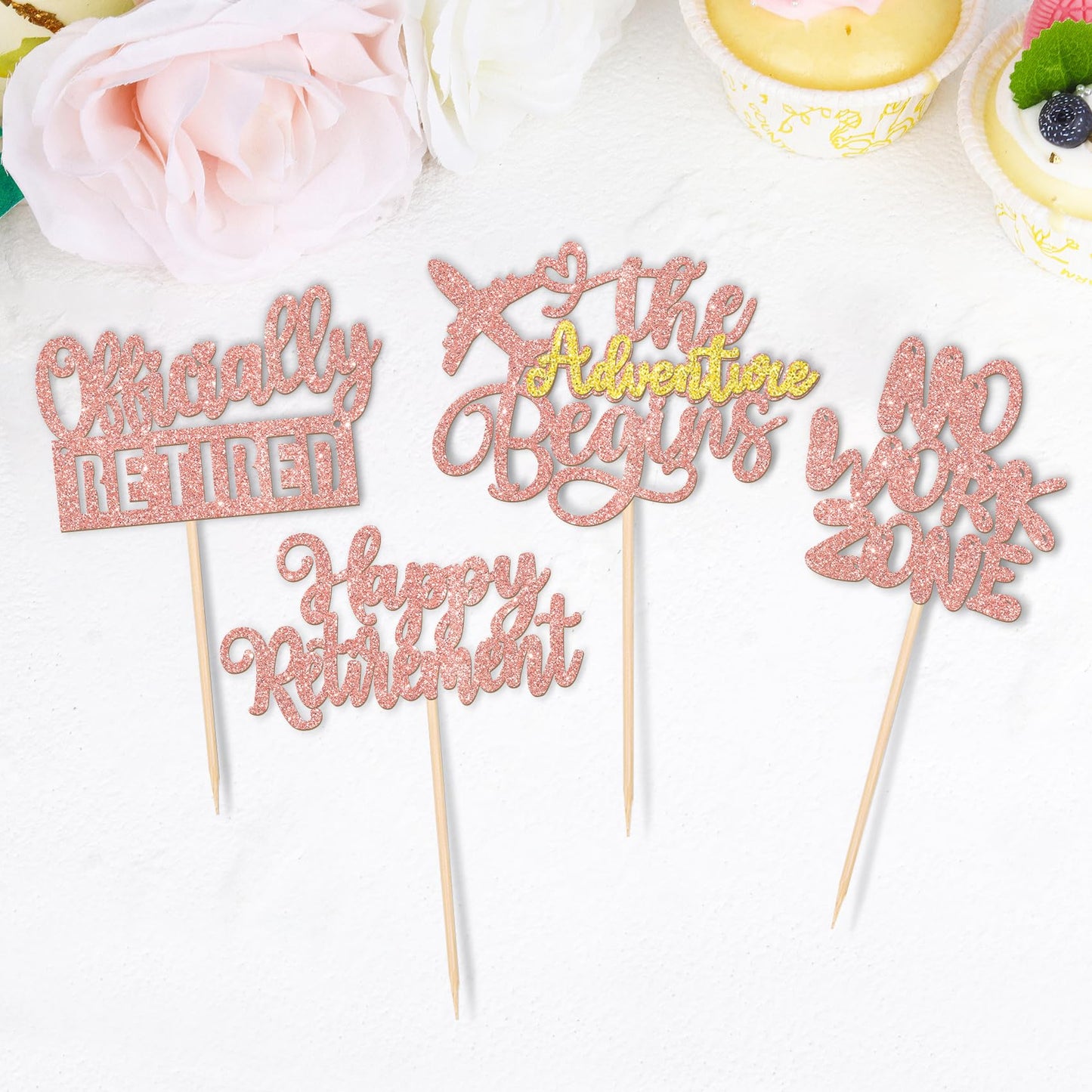 Rssta i Cupcake Toppers, Happy Retirement, Rose Gold, Glitter, 24 Pack, No Work Zone, Cake Decorations