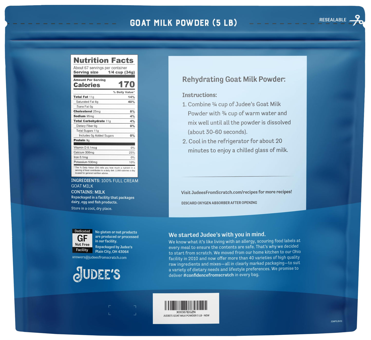 Judees Goat Milk Powder 5 Lb - Blends Well In Smoothies And Great For Baking - Convenient For Travel, Hiking, And Camping - Non-