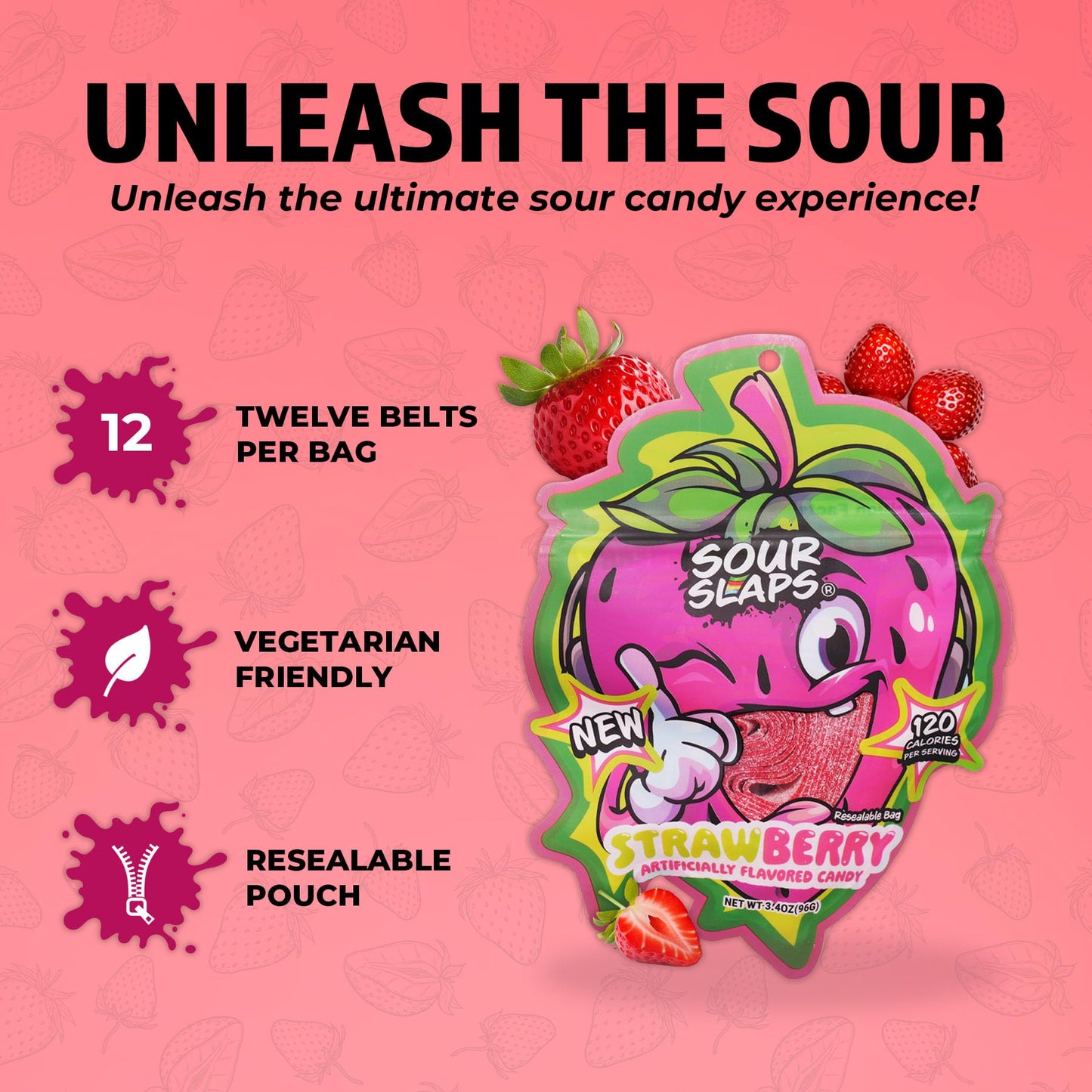 Sour Slaps Sour Candy Belts 3-Pack - Vegetarian, Chewy, Extreme Sour Kick, 8 Flavors Available, Strawberry Variant, Multi-color