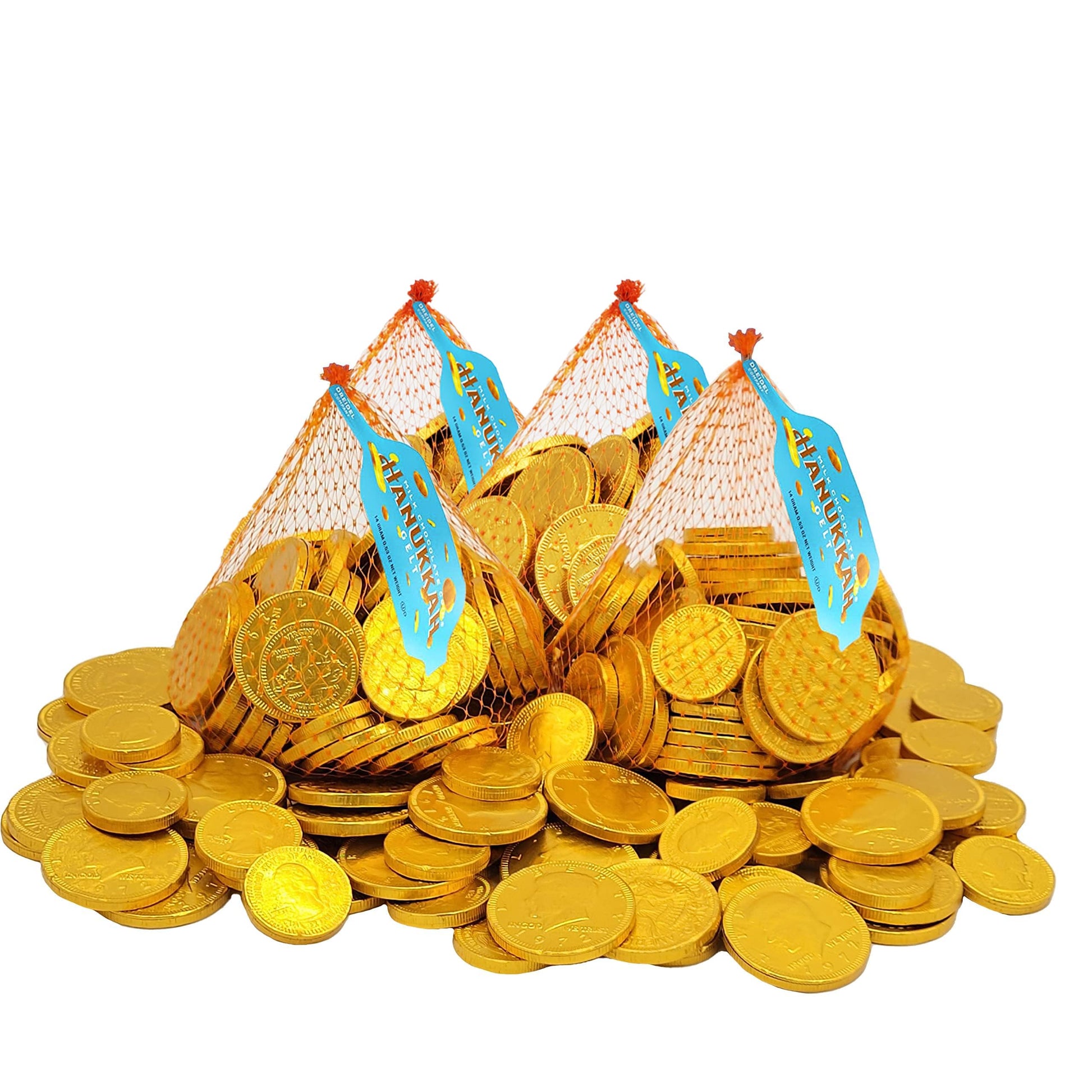 The Dreidel Company Hanukkah Milk Chocolate Coins  4 Large Mesh Bag Chanuka Gelt  70 Half Dollars Per Bag Total 280 Coins Made With Top-Grade Nut-Free Belgian Chocolate  Kosher Certified Dairy 