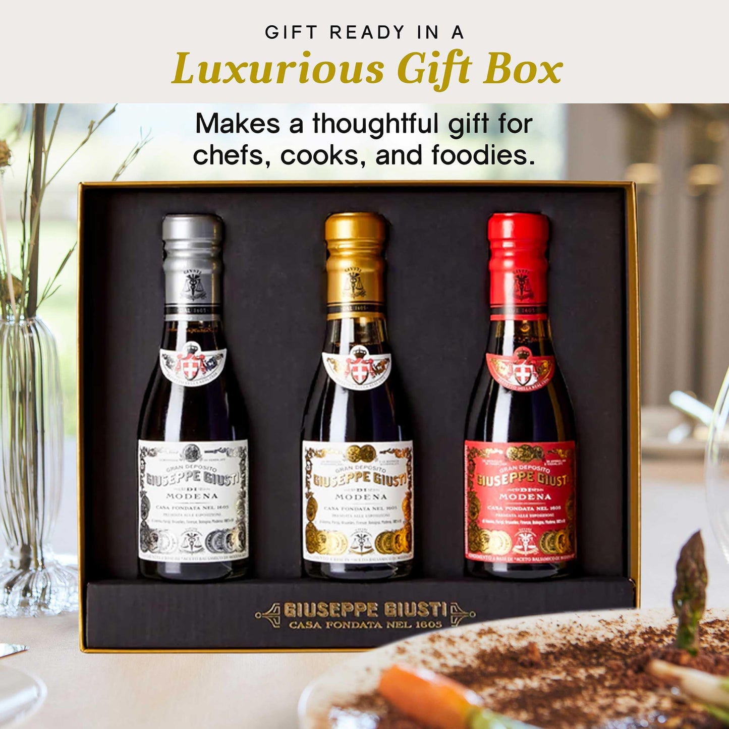 Giusti Balsamic Vinegar Trio Gift Set – 3 Premium Bottles, 3.38 Fl Oz Each, Black Aceto Balsamico di Modena IGP