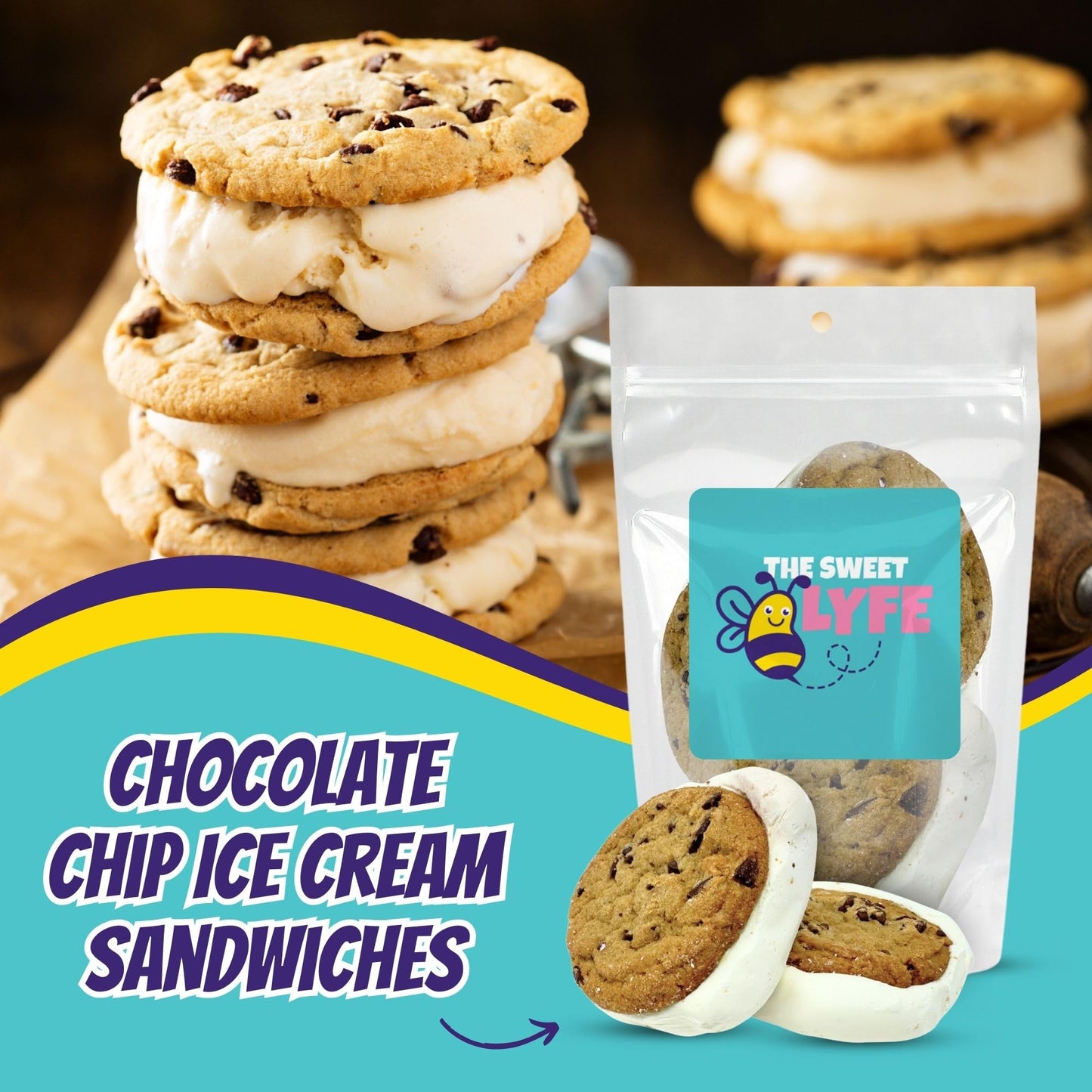Freeze Dried Chocolate Chip Ice Cream Sandwich. Includes One-3Pcs Freeze Dried Ice Cream Sandwich By The Sweet Lyfe. Delicious I