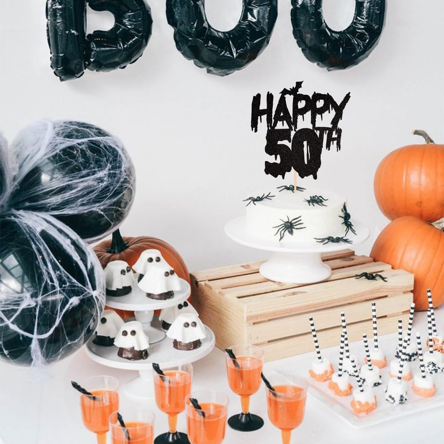 1 Pcs Halloween Theme Happy 50Th Birthday Cake Topper Glitter Cheers To 50 Years Bat Halloween Cake Pick For Halloween Happy 50T