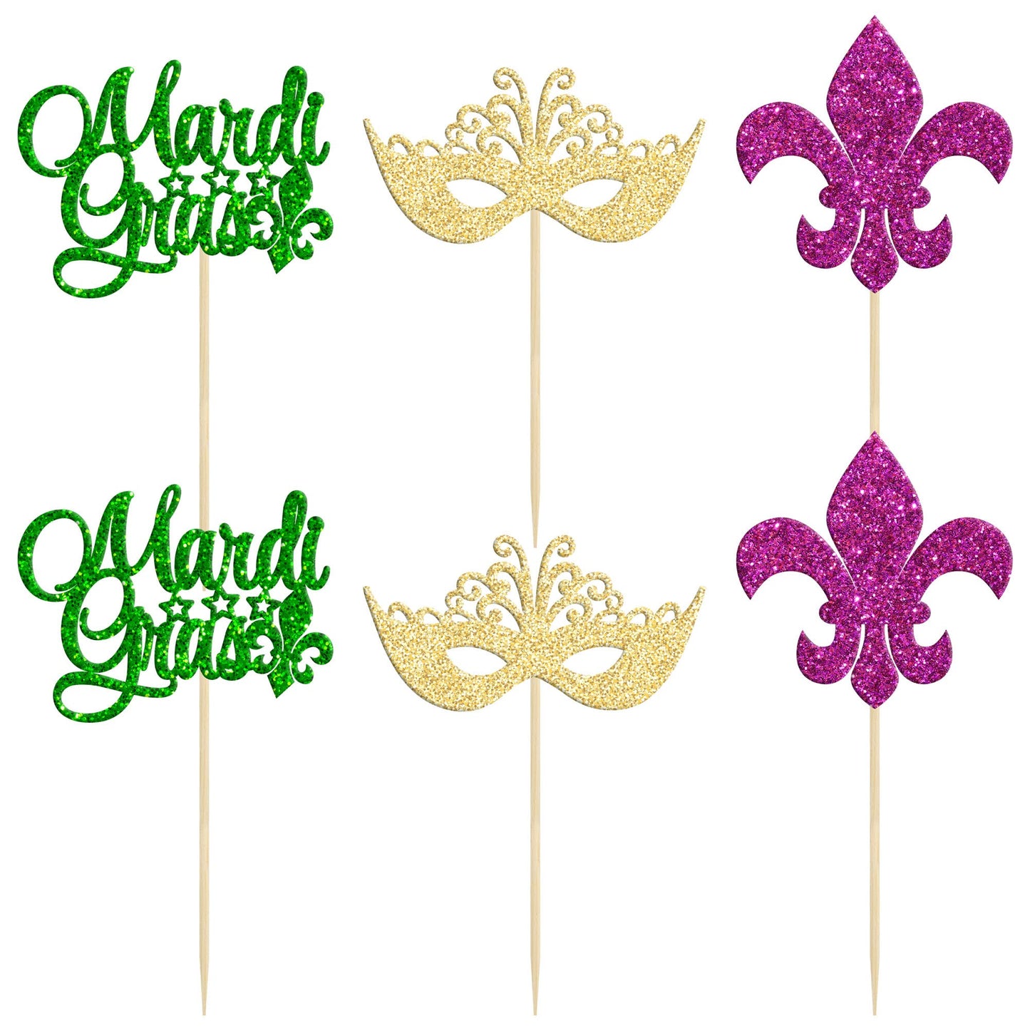 24Pcs Mardi Gras Cupcake Toppers Glitter Masquerade Cake Picks Mardi Gras Party Baby Shower Birthday Party Cake Decorations Supp