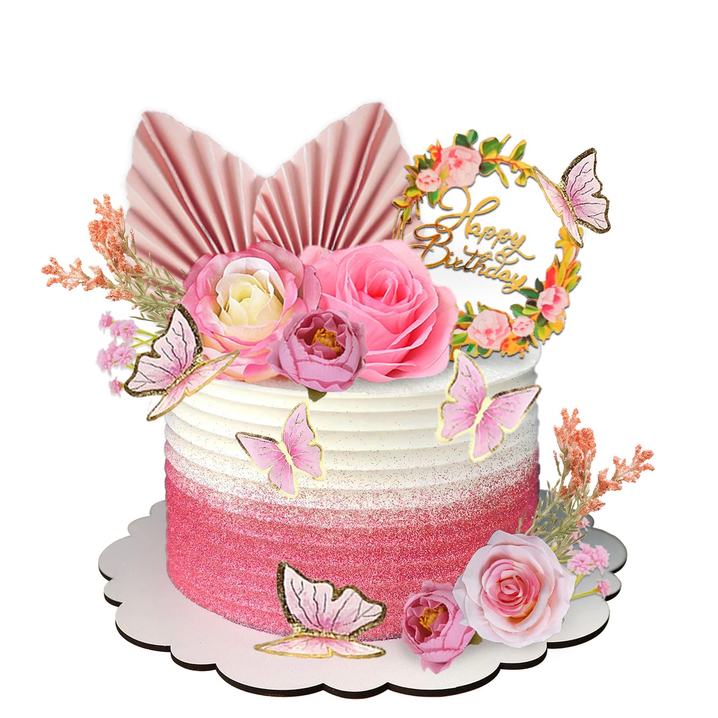 17 Pcs Flower Cake Toppers Boho Cake Toppers Butterfly Cake Decorations With Light Artificial Roses Eucalyptus And Butterflies F