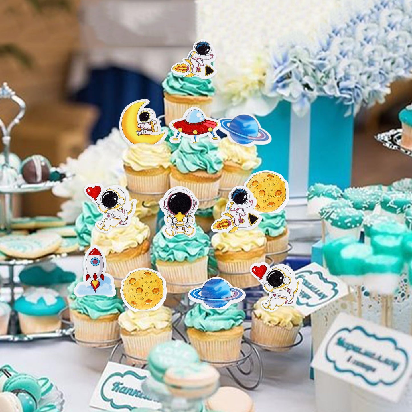 Cyodoos 40Pcs Edible Outer Space Cupcake Toppers Space Astronaut Cupcake Picks Rocket Planet Trip To The Moon Cake Decoration Fo