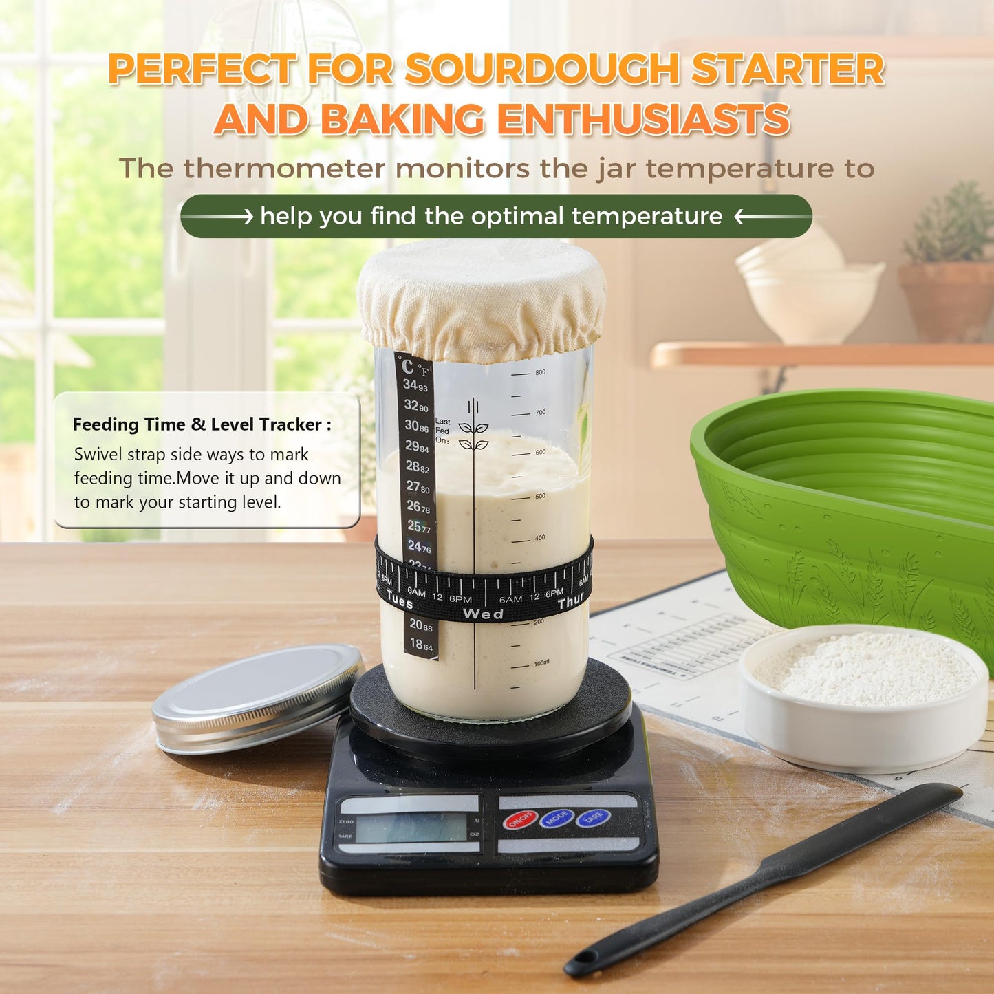 BICRET Sourdough Bread Baking Supplies Kit with 34 oz Starter, 2 Silicone Proofing Baskets, Large, Green, Model FJKIT-2