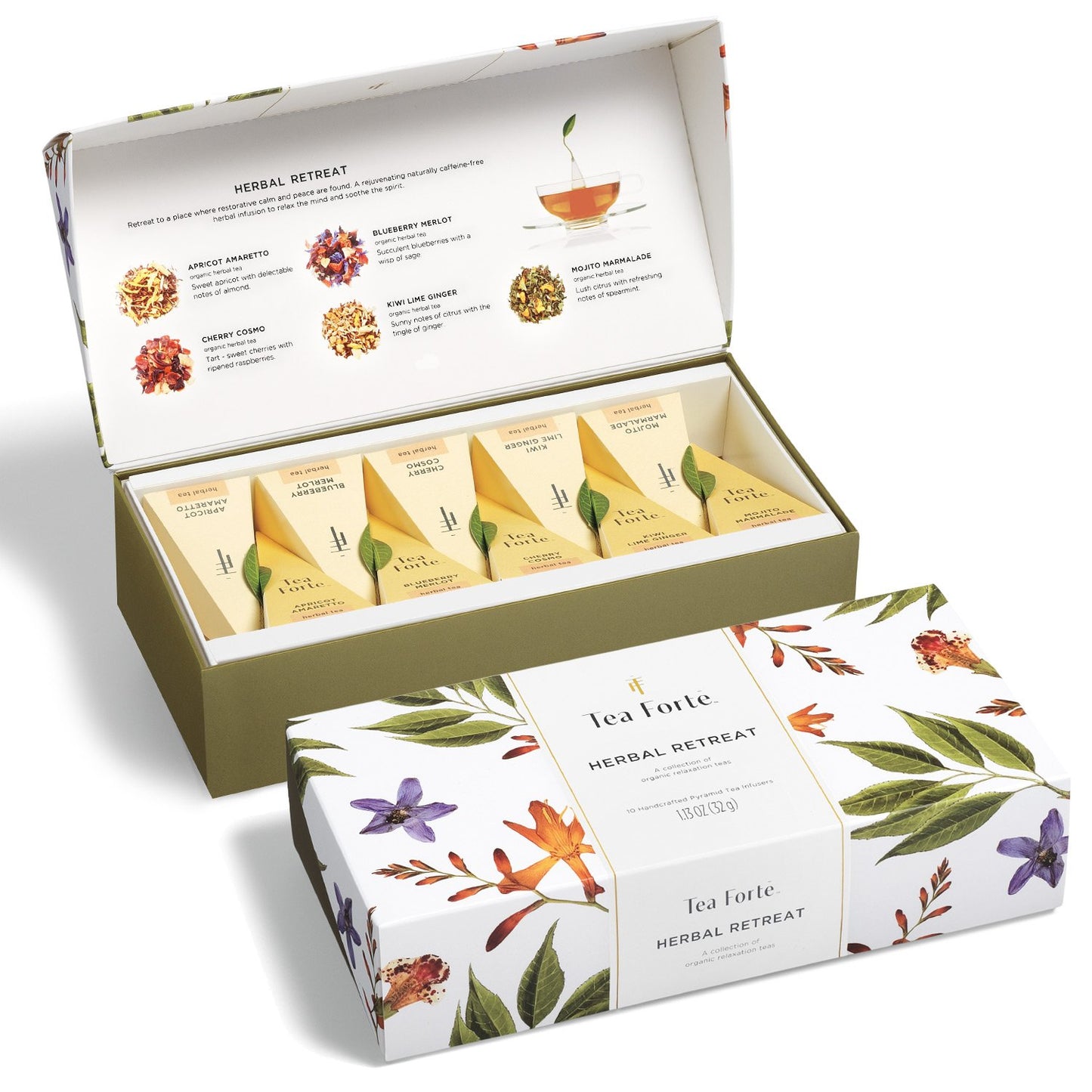 Tea Forte Herbal Retreat Organic Caffeine Free Tea Gift Set, 10 Handcrafted Pyramid Infusers, 10 Count