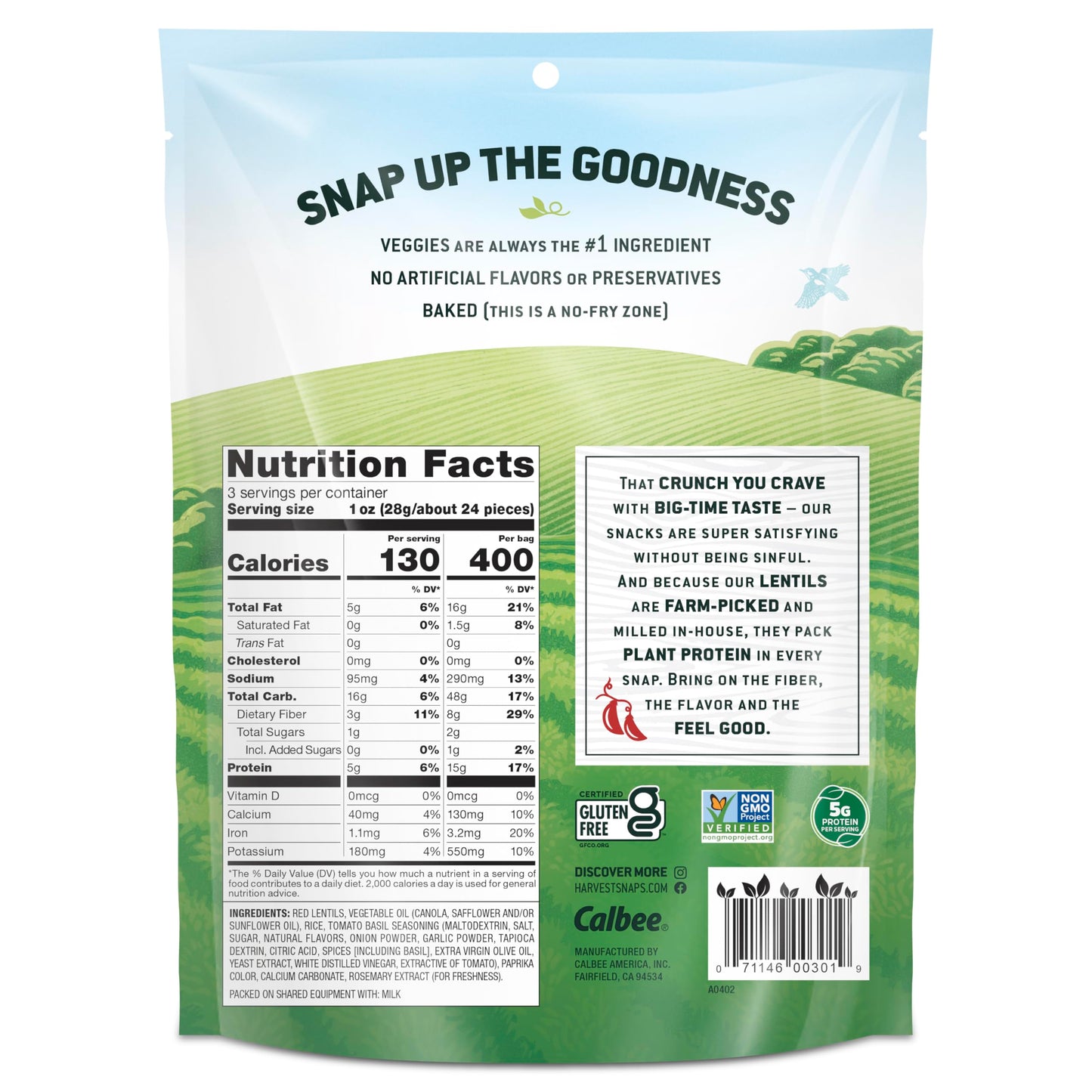 Harvest Snaps Veggie Chips (Tomato Basil Snack Crisps) | Powered By Plant Protein, Gluten Free, Non-Gmo Baked Vegetable Crisps |