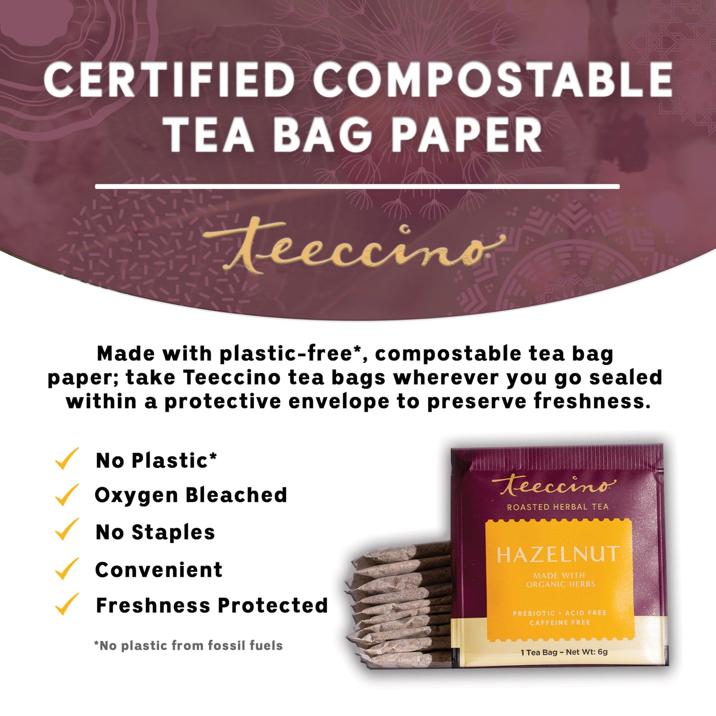 Teeccino Hazelnut Herbal Tea - Caffeine-Free & Prebiotic - 25 Tea Bags - Rich & Roasted Flavor
