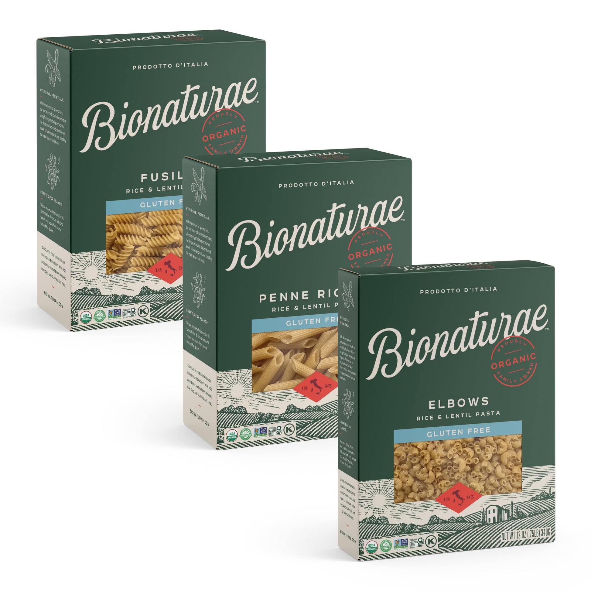 Bionaturae Gluten-Free Pasta Variety Pack (Elbow, Fusilli, Penne) - Gluten Free Pasta Organic, Rice & Lentil Pasta, Kosher Certi