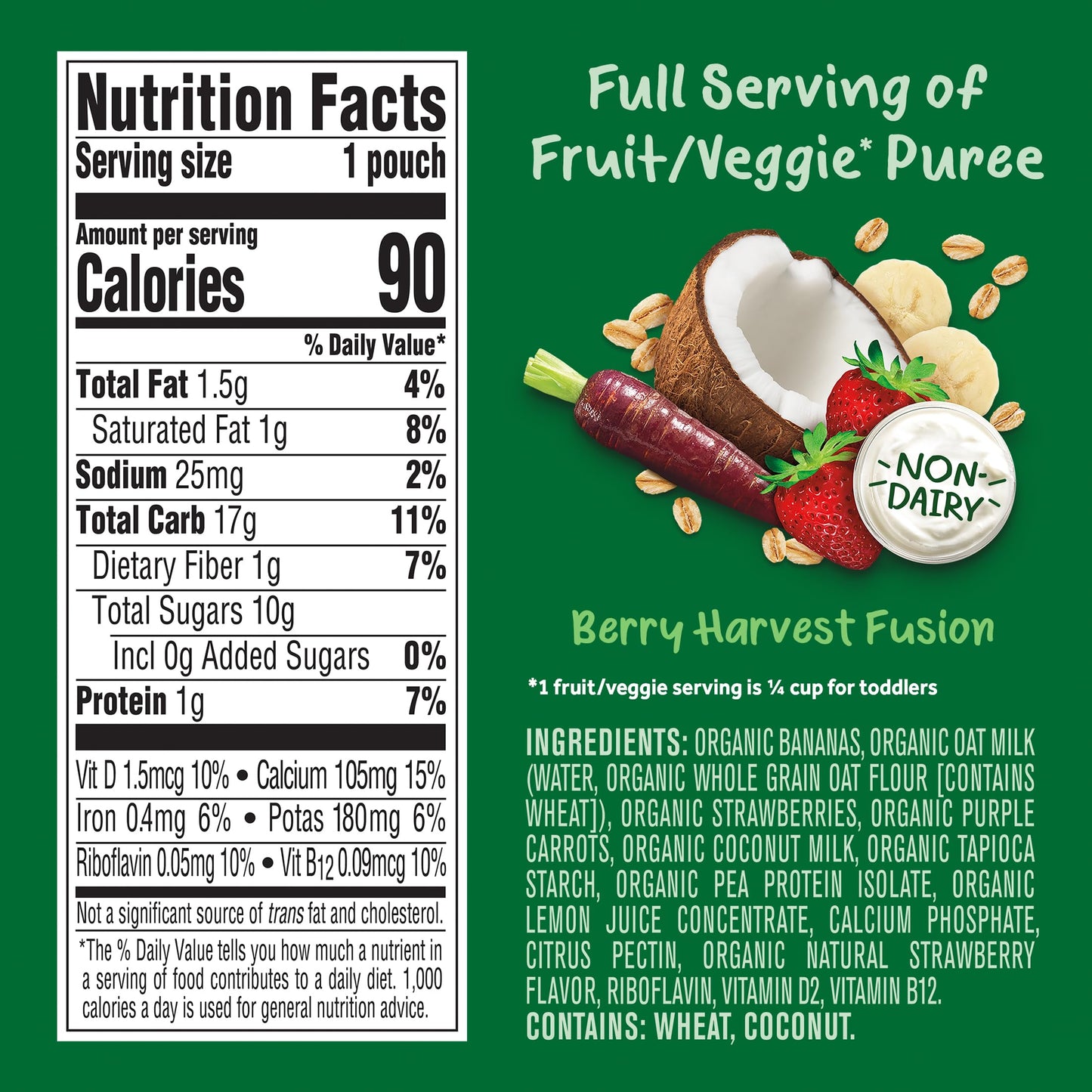 Gerber Organic Baby Food Pouches, Toddler, Plant-Tastic, Berry Harvest Fusion, Fruit & Yogurt Alternative With Oat & Coconut Mil
