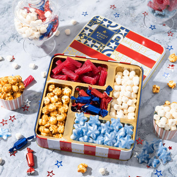BONNIE AND POP Gift Basket - Patriotic Candy Sampler with Soft Licorice, Gummy Stars, Champagne Bubbles, 24 Ounce