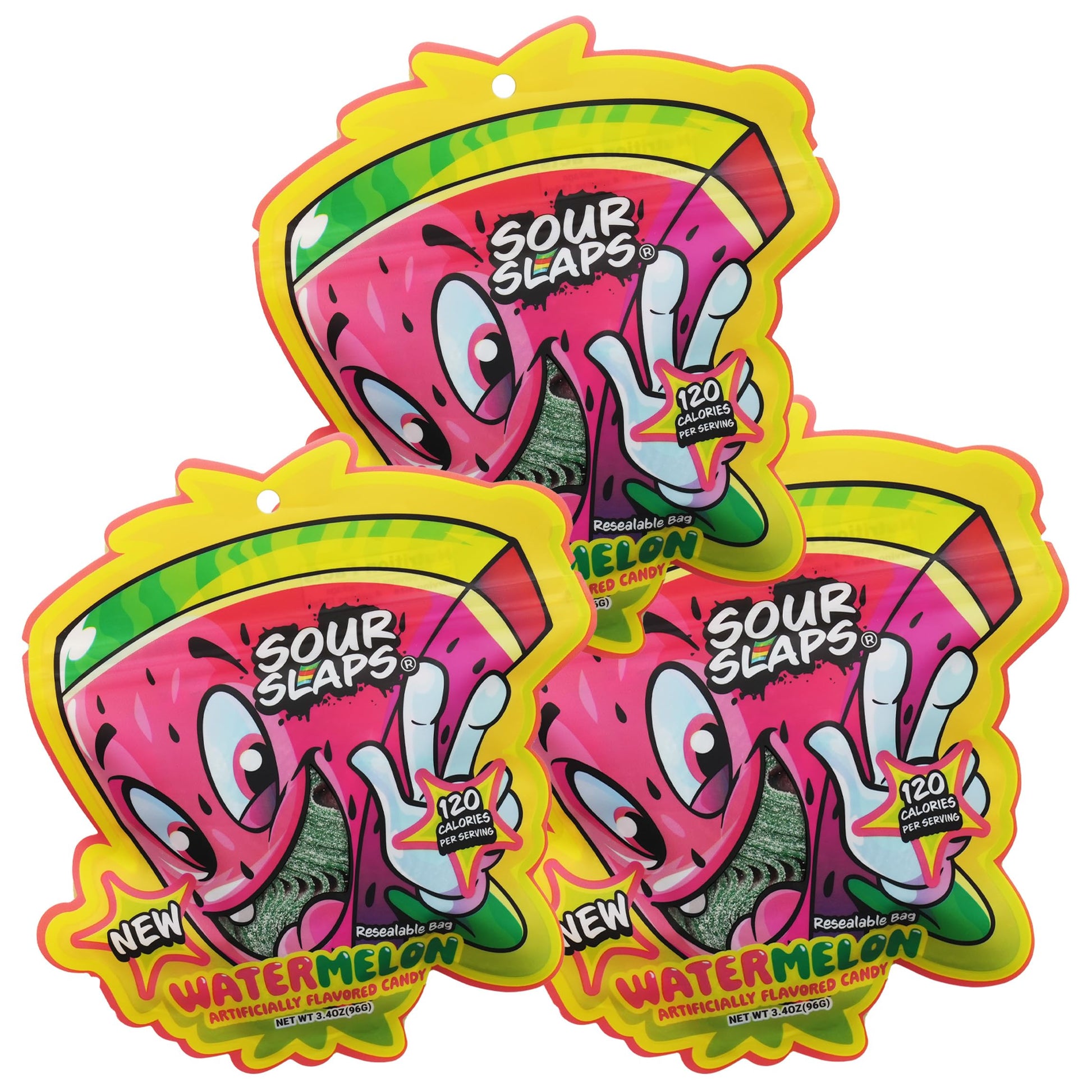 Sour Slaps Sour Candy Belts 3-Pack - Vegetarian, Extreme Sour, Watermelon Flavor, Multi-color, Medium Size