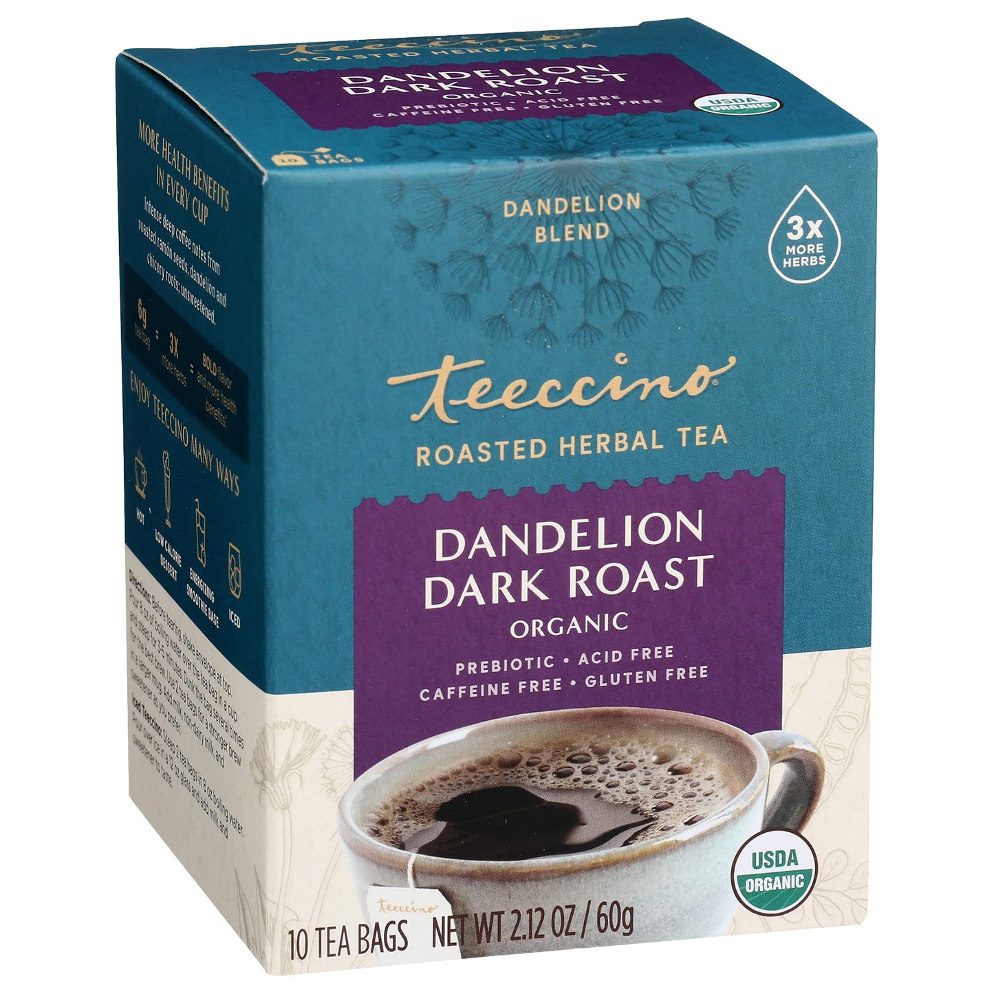 Teeccino Dandelion Dark Roast Herbal Tea - Caffeine Free, Organic, 10 Count