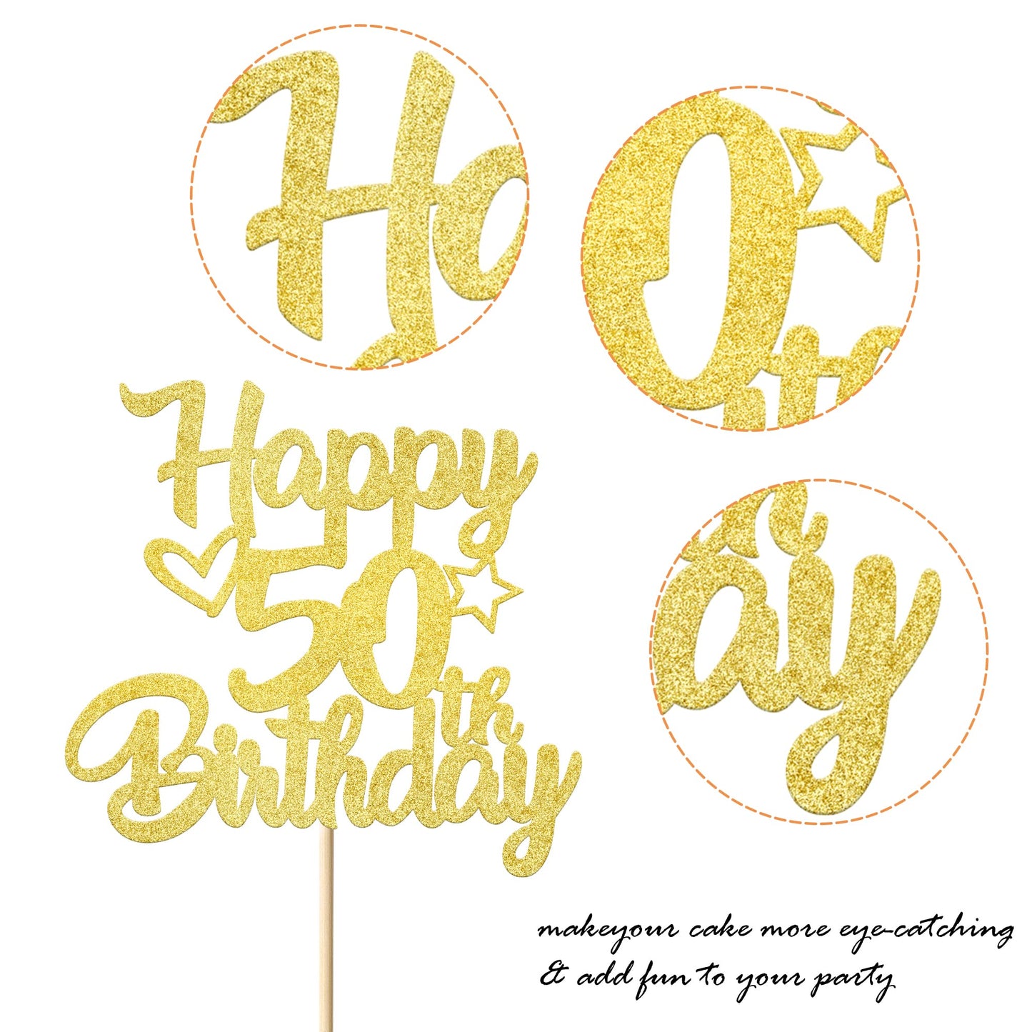 YCTHUNFISH Happy 50th Birthday Cake Topper, Glitter Heart & Star Design, Gold, Bamboo Material