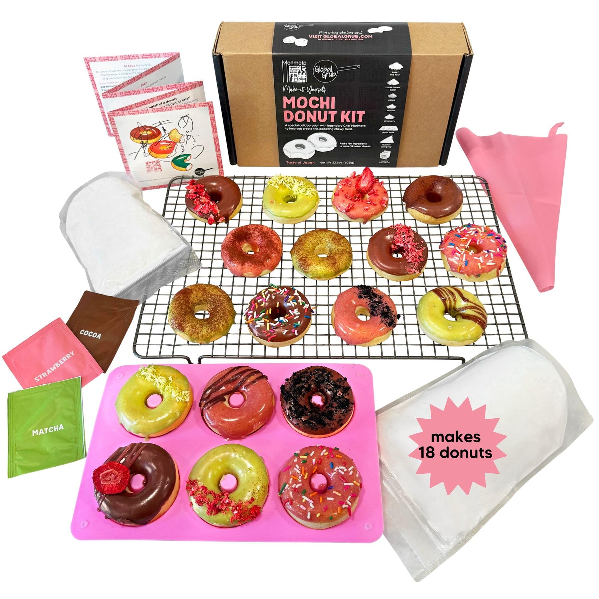 Global Grub DIY Morimoto Mochi Donut Kit - Includes Mochi Donut Mold, Reusable Piping Bag, Sweet Rice Mochi Flour, Confectioners