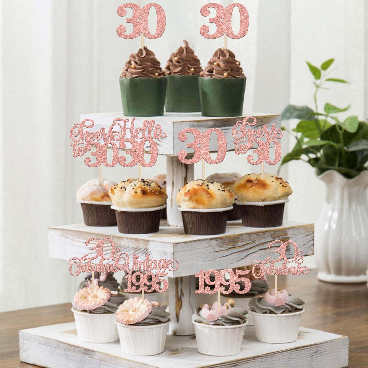 Rssta i Cupcake Toppers 24 Pack Rose Gold Paper Decorations for 30th Birthday and Wedding Anniversary Party